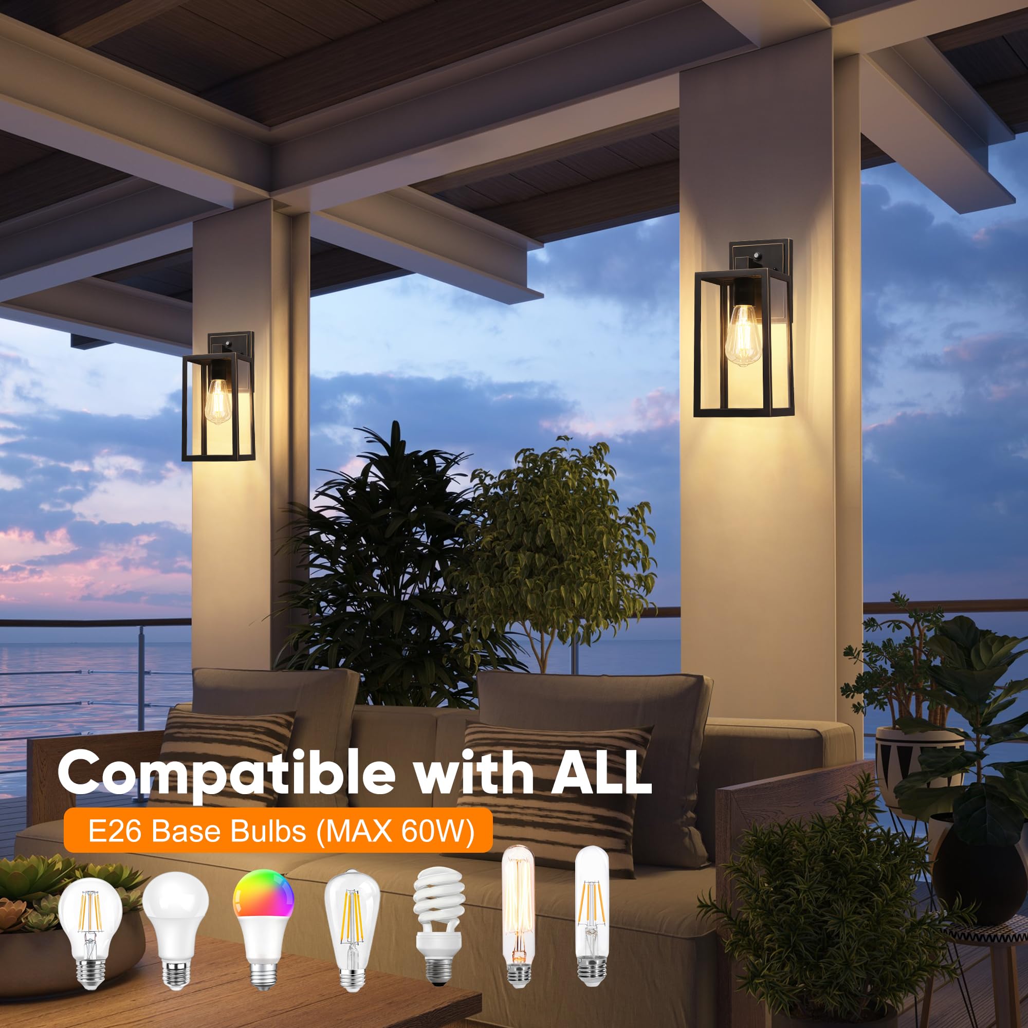 Partphoner Black Exterior Light Fixtures Wall Mount With Gold Rim, Dusk To Dawn Outdoor Porch Lights Lamp, Sensor Wall Sconce, W