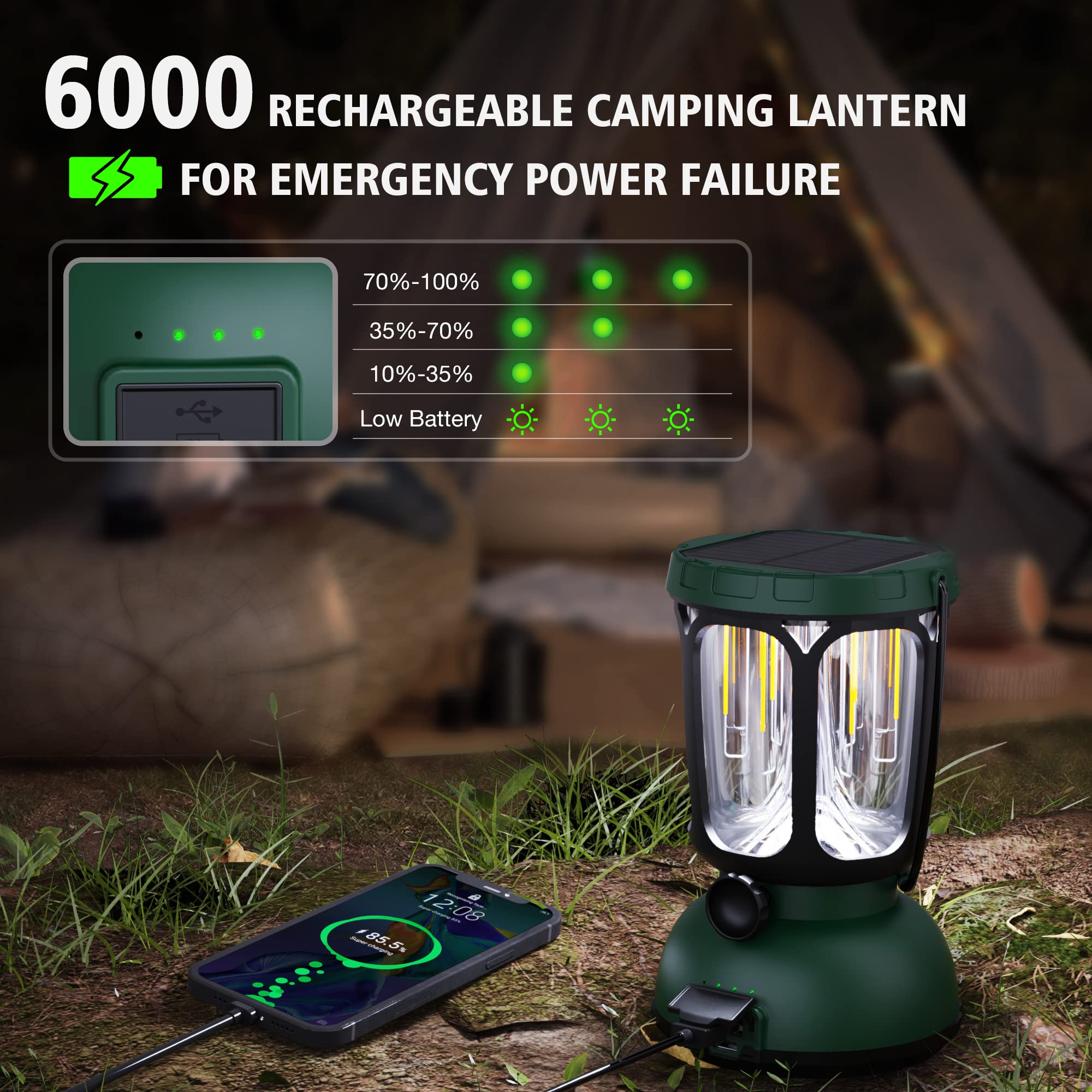 Raynic 6000 LED Camping Lantern - 650LM Hand Crank Solar Rechargeable, Green, ABS Material, Perfect for Emergencies and Power Failures