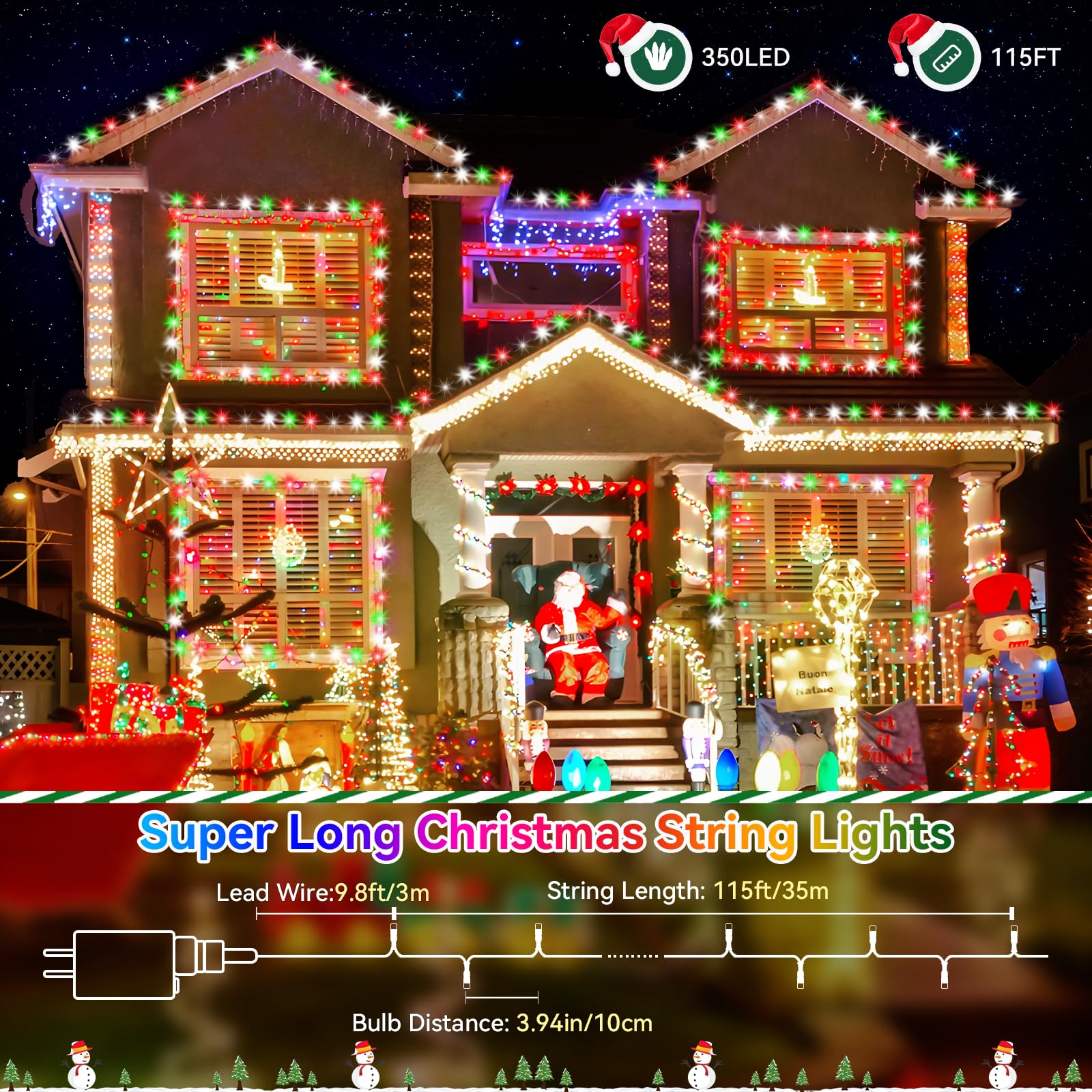 Heceltt Christmas Lights Outdoor, 115Ft 350Led String Light 8 Modes And Timer Memory Function Led Christmas Lights Waterproof Pl