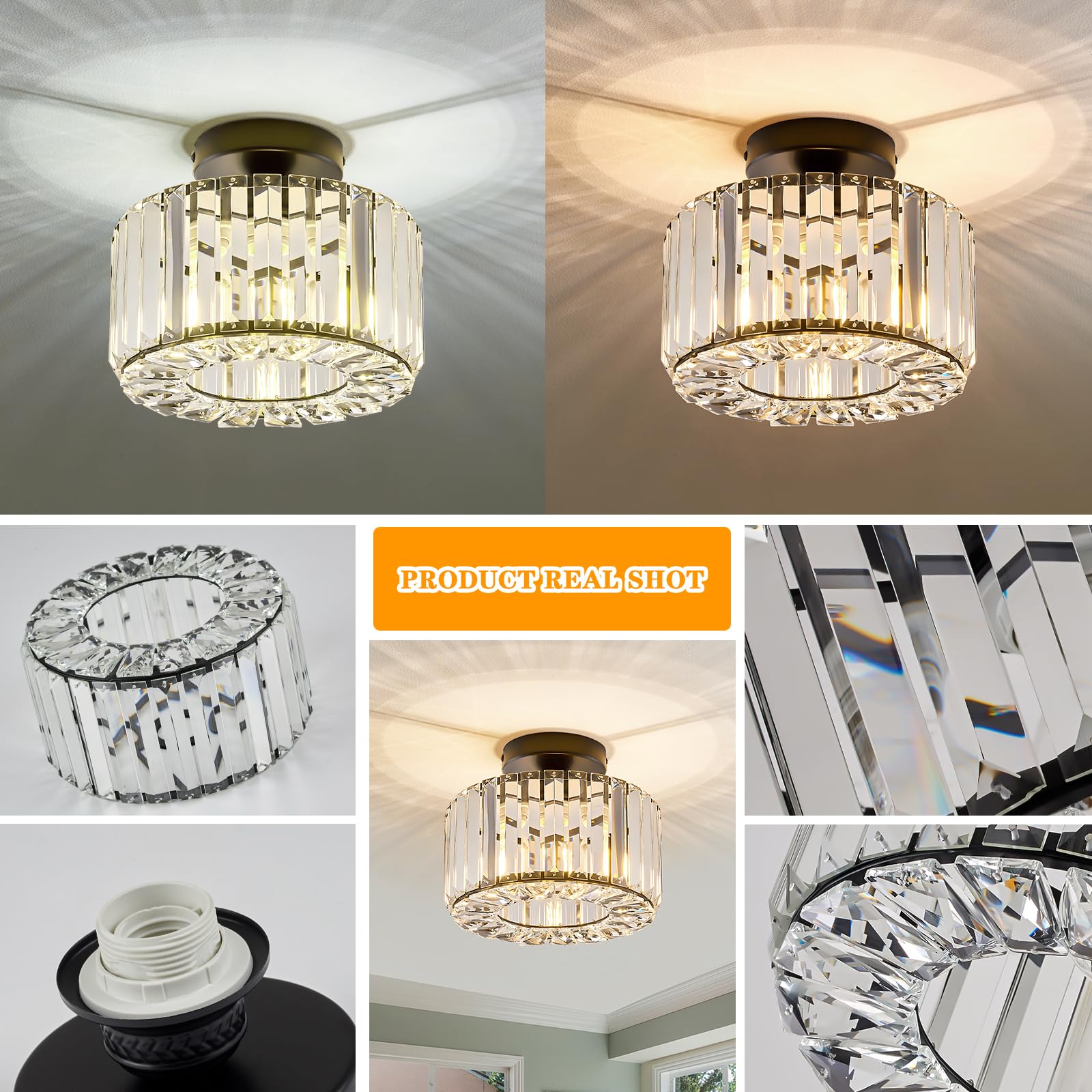 Buxvrcs Crystal Ceiling Light Fixture - Semi Flush Mount Ceiling Light Modern Chandelier Hallway Light Fixtures Ceiling Flush Mo
