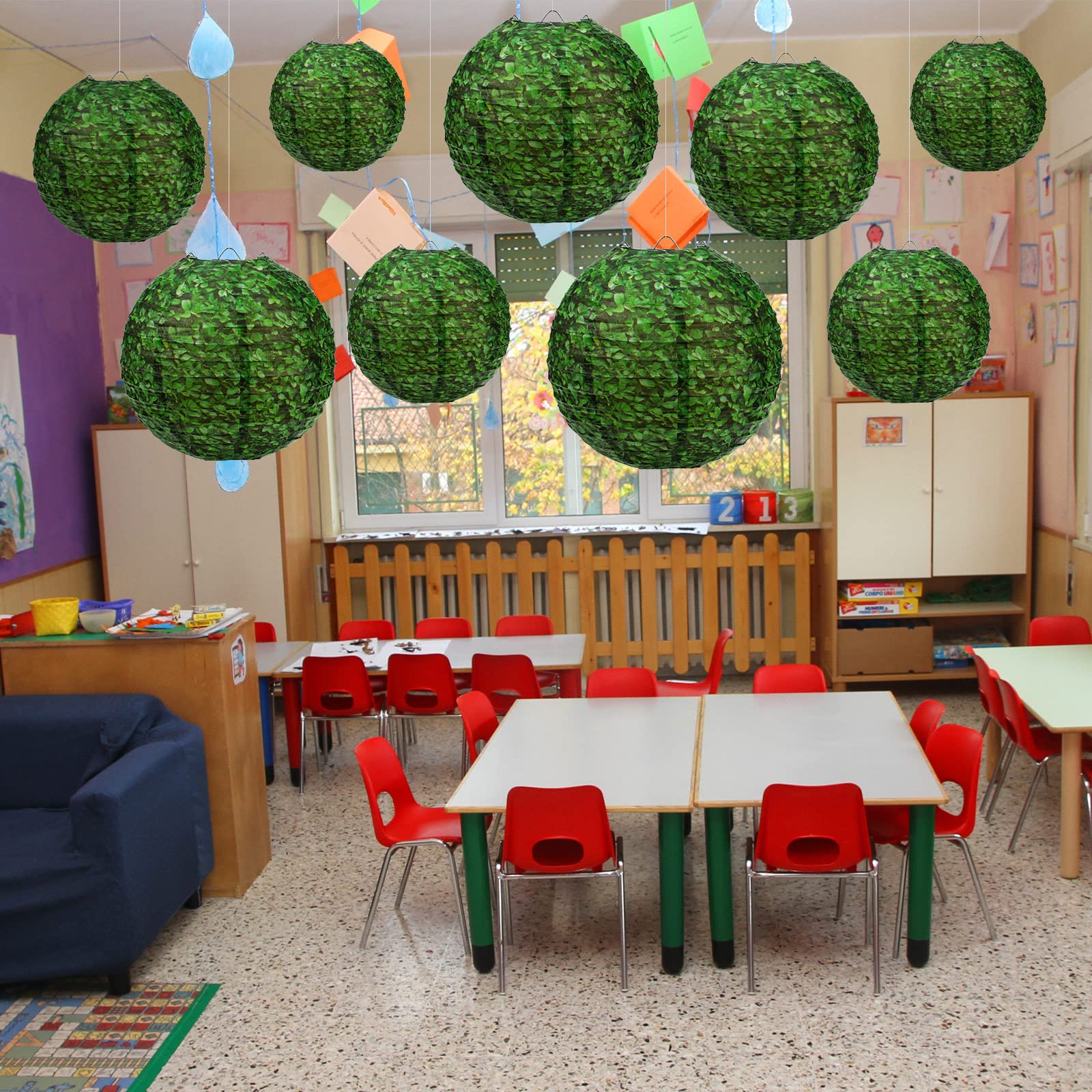 ROCEEI Green Paper Lanterns - 9 Pcs Back to School Decorations, 8-12 Inches, Round Hanging Party Supplies
