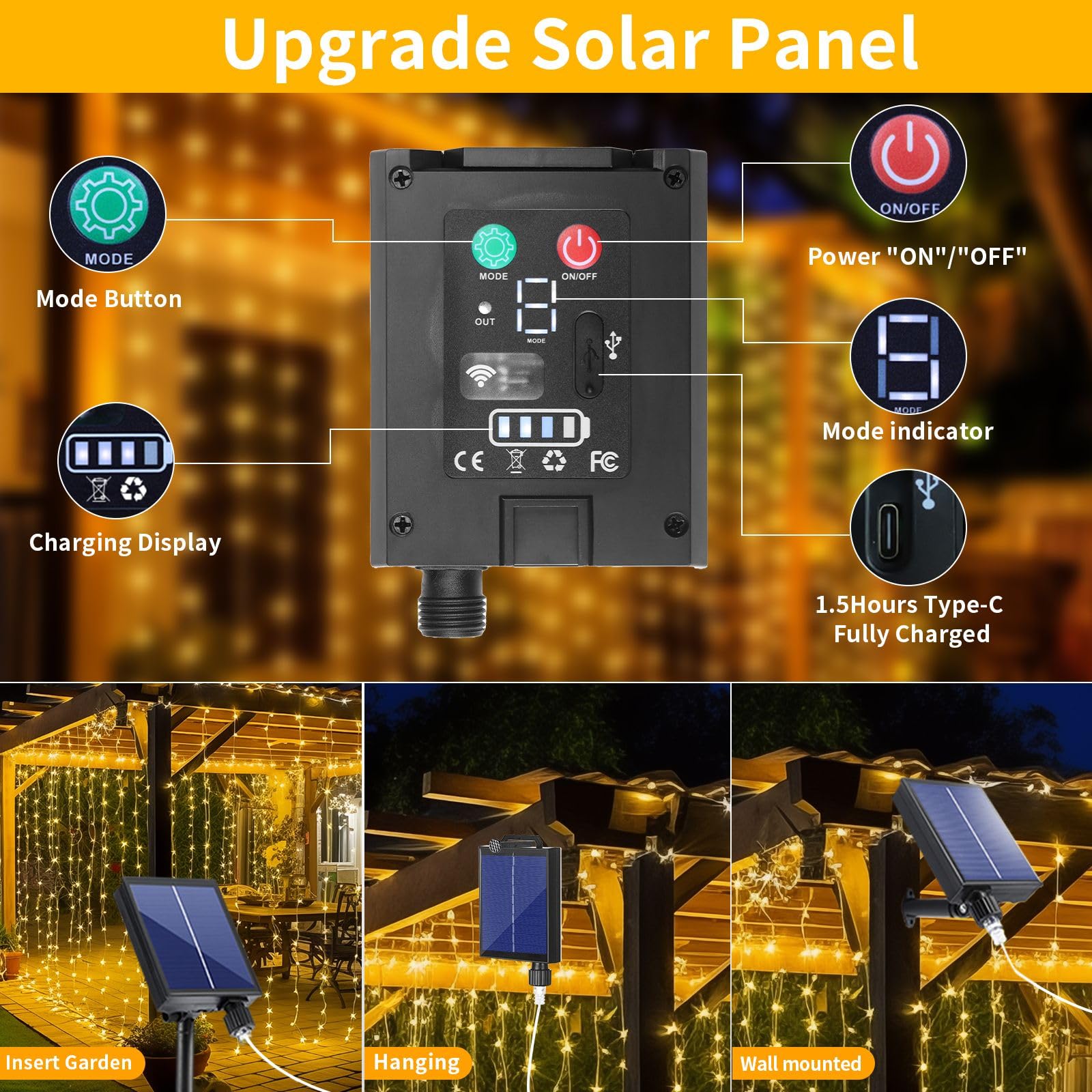 RCNDJE 300LED Solar Curtain Lights, 10Ft x 10Ft, Warm White, Waterproof, Remote Control, 8 Modes, Copper Material