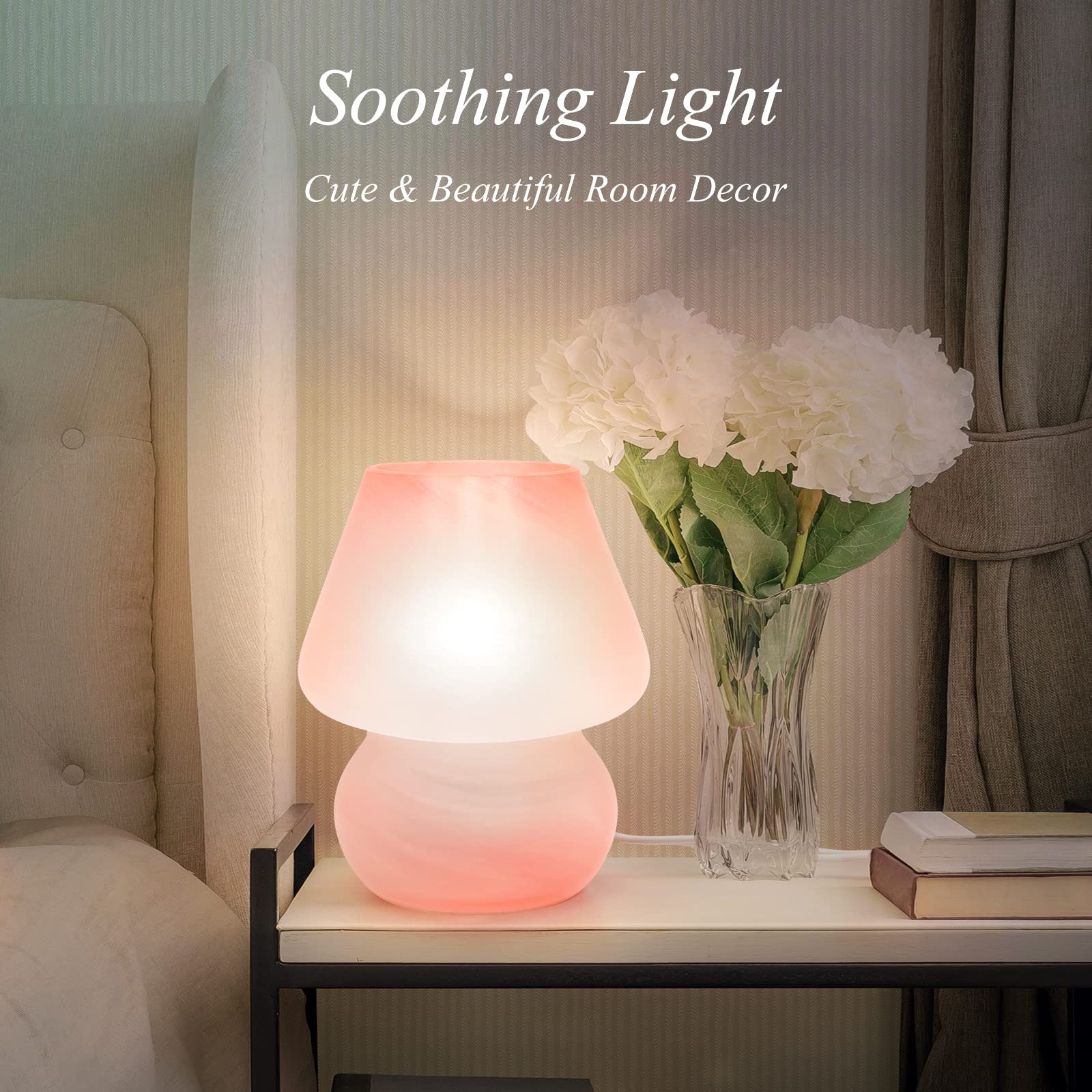 ONEWISH Mushroom Lamp - Cute Pink Table Lamp, Small Glass, Stepless Dimmable Nightlight for Bedroom, Home Decor, Model 13TAB009USB