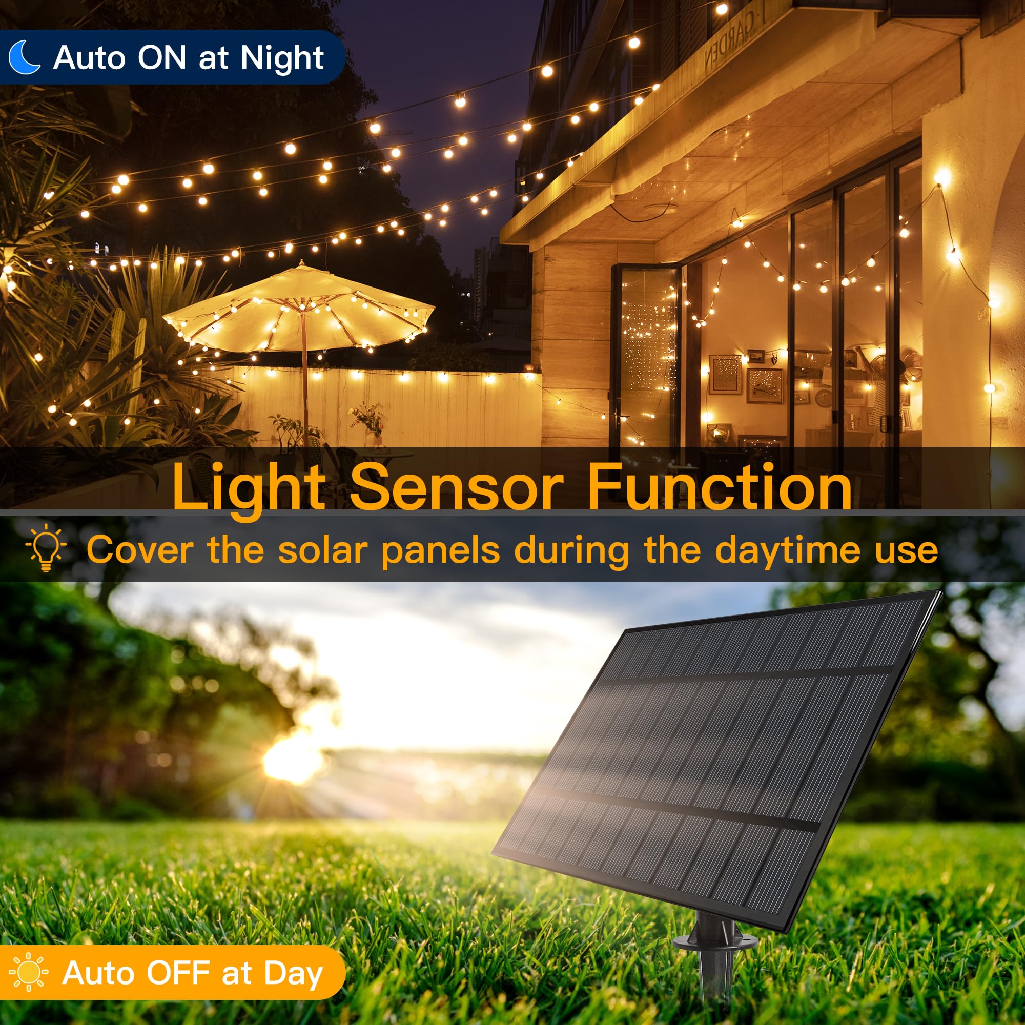 Ollny 60FT Solar String Lights, Waterproof Dimmable with Remote, Warm White, G40 Patio Lights for Garden and Yard, 25 LEDs + 2 Spare Bulbs