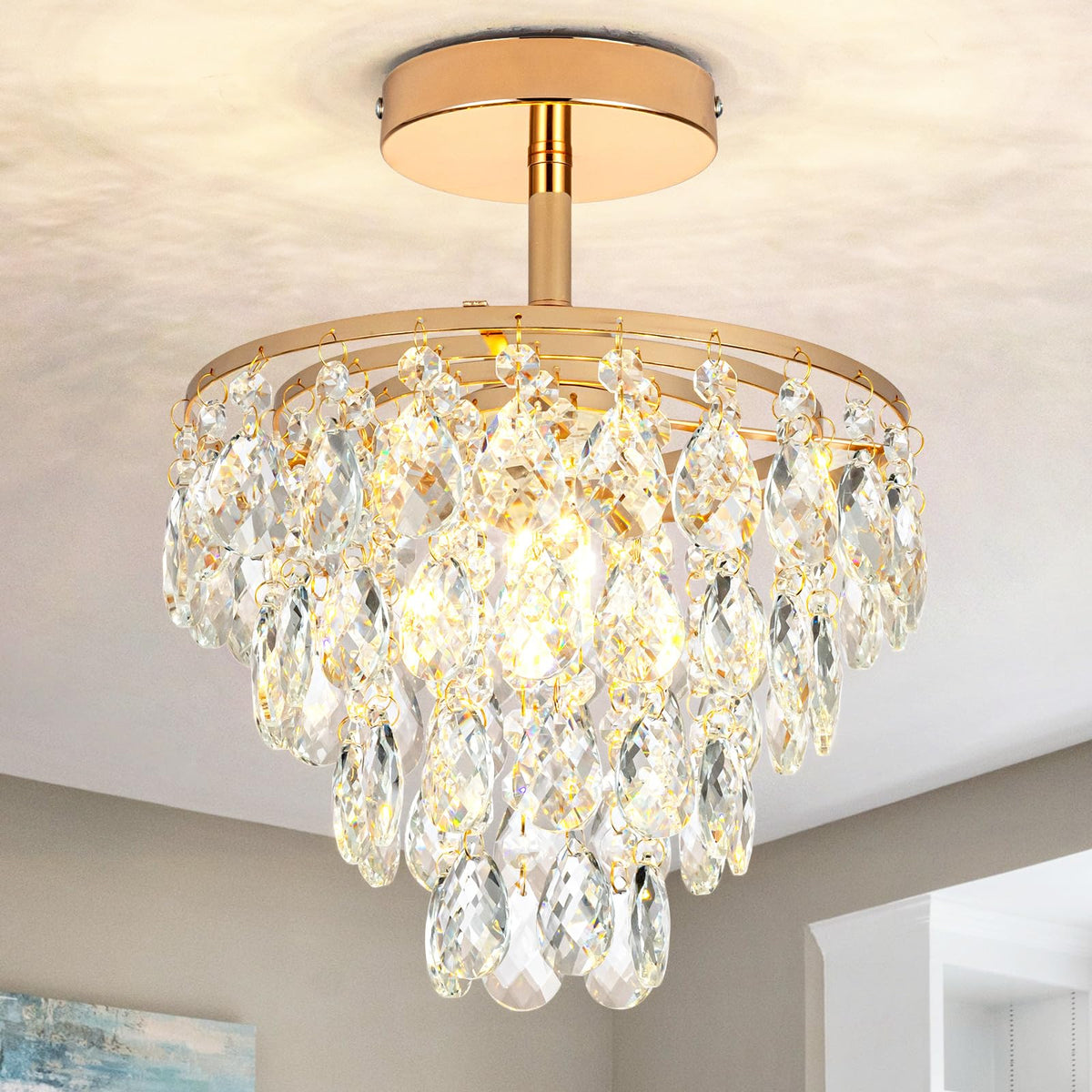 CXGLEAMING Gold Chandelier Light Fixture Small Chandelier Crystal Ceiling Light Fixtures Flush Mount Ceiling Lights for Hallway 
