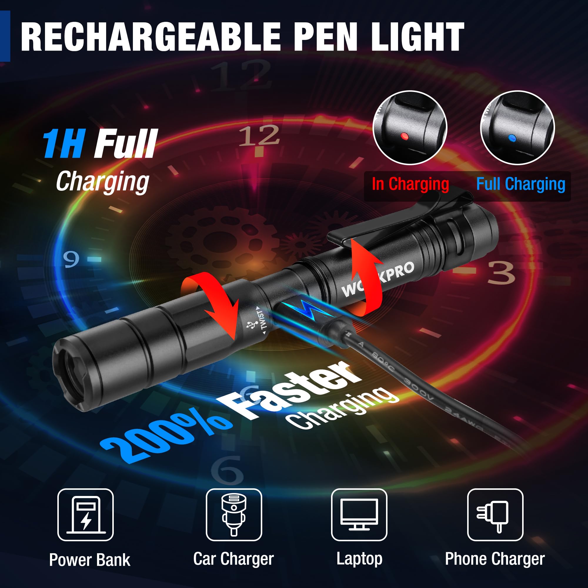 WORKPRO Rechargeable Pen Light, Mini Flashlight 2 Pack, Ultra-Compact with Clip, Black, Model W139017