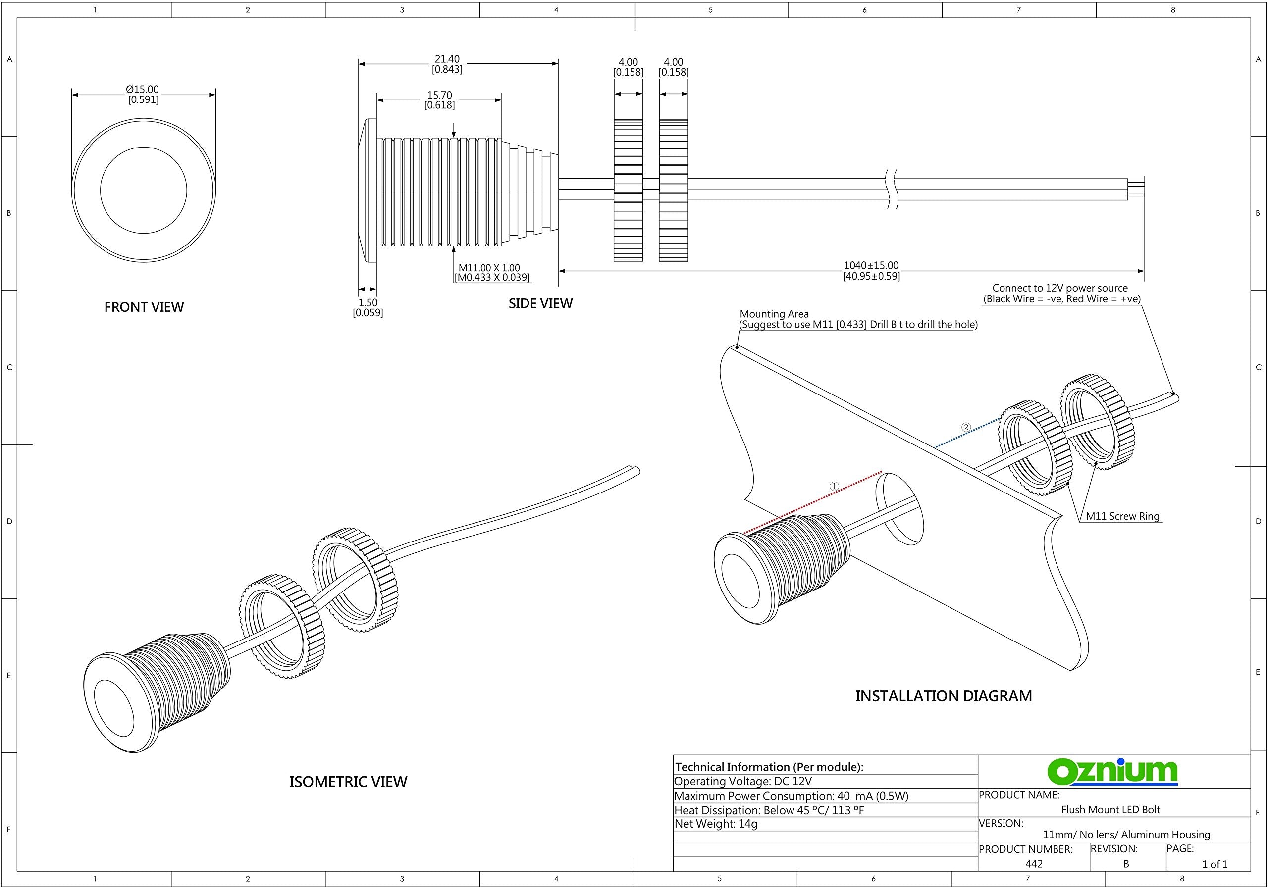 Oznium Brightest Light Bolt - 12V LED Flush Mount Light, 11mm UV Blacklight Aluminum Housing, Model 3190 for Cars & Motorcycles