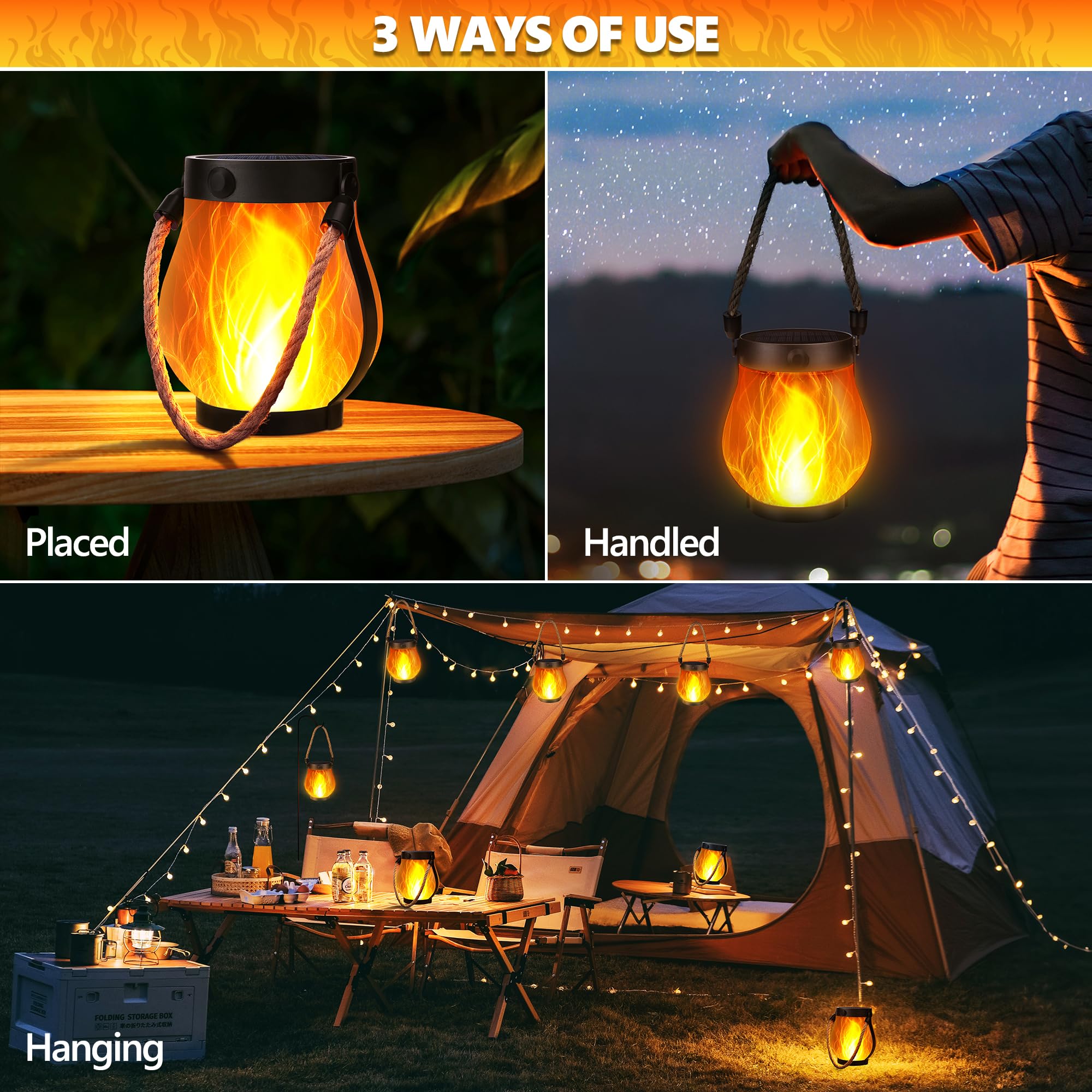 iBaycon Solar Lanterns 2 Pack - Waterproof Flickering Flame Lights, Dual Charging USB & Solar, Warm White for Halloween Decor