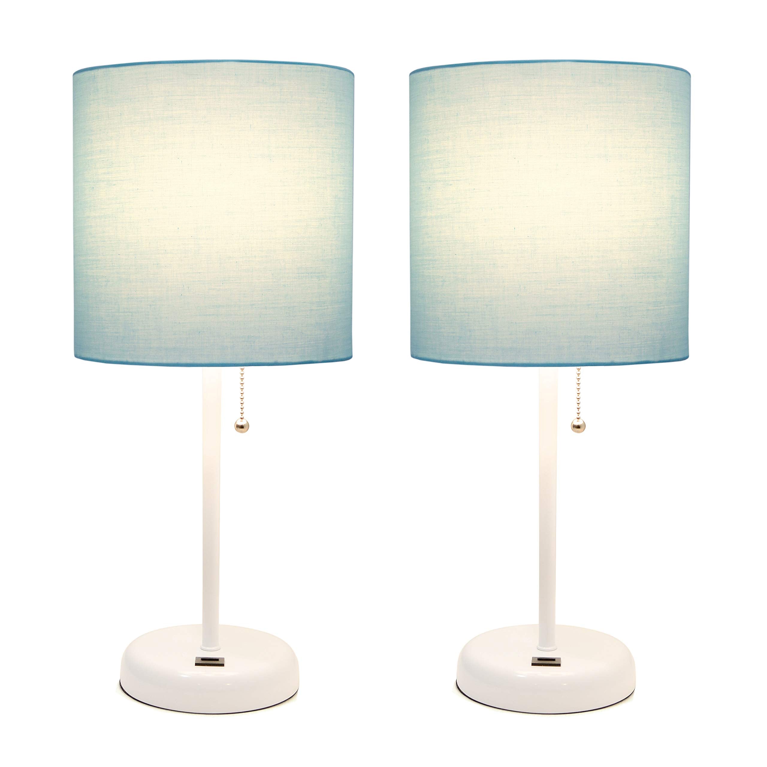Simple Designs Lc2002-Aow-2Pk White Stick Table Lamp Set With Usb Charging Port And Aqua Fabric Shades, 2 Pack Set