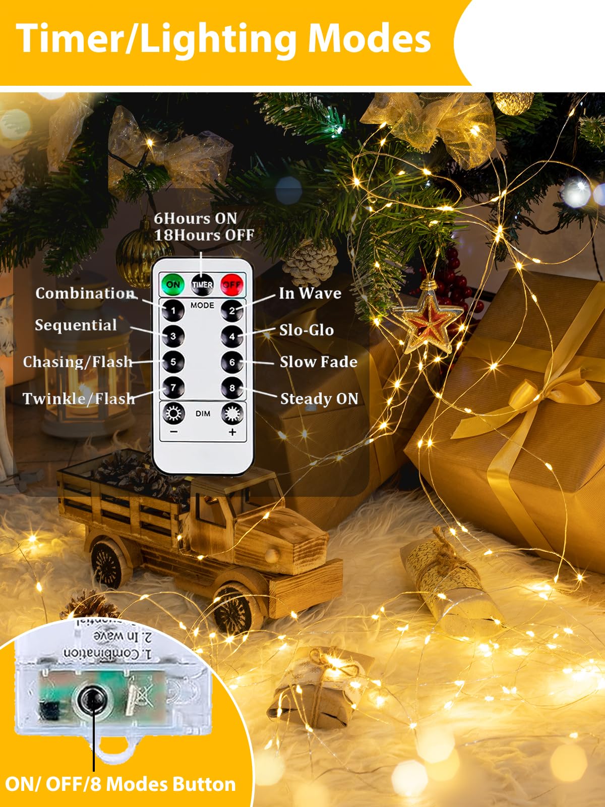 BOSSERN 6 Pack 60LED Battery Operated Fairy Lights, Warm White, Remote, 8 Modes, Timer, Dimmable, Waterproof, Model DCHD-06-60LED