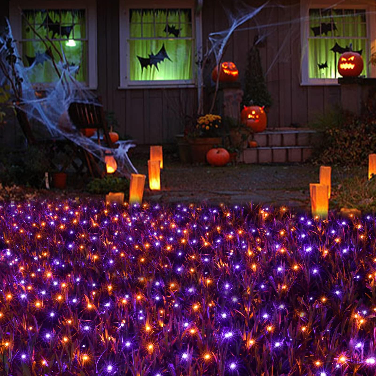 Joomer 12ft x 5ft Halloween Net Lights, 360LED, Orange Purple, Waterproof, Green Wire, 8 Modes Timer, Model JT-EL/FC300V0200