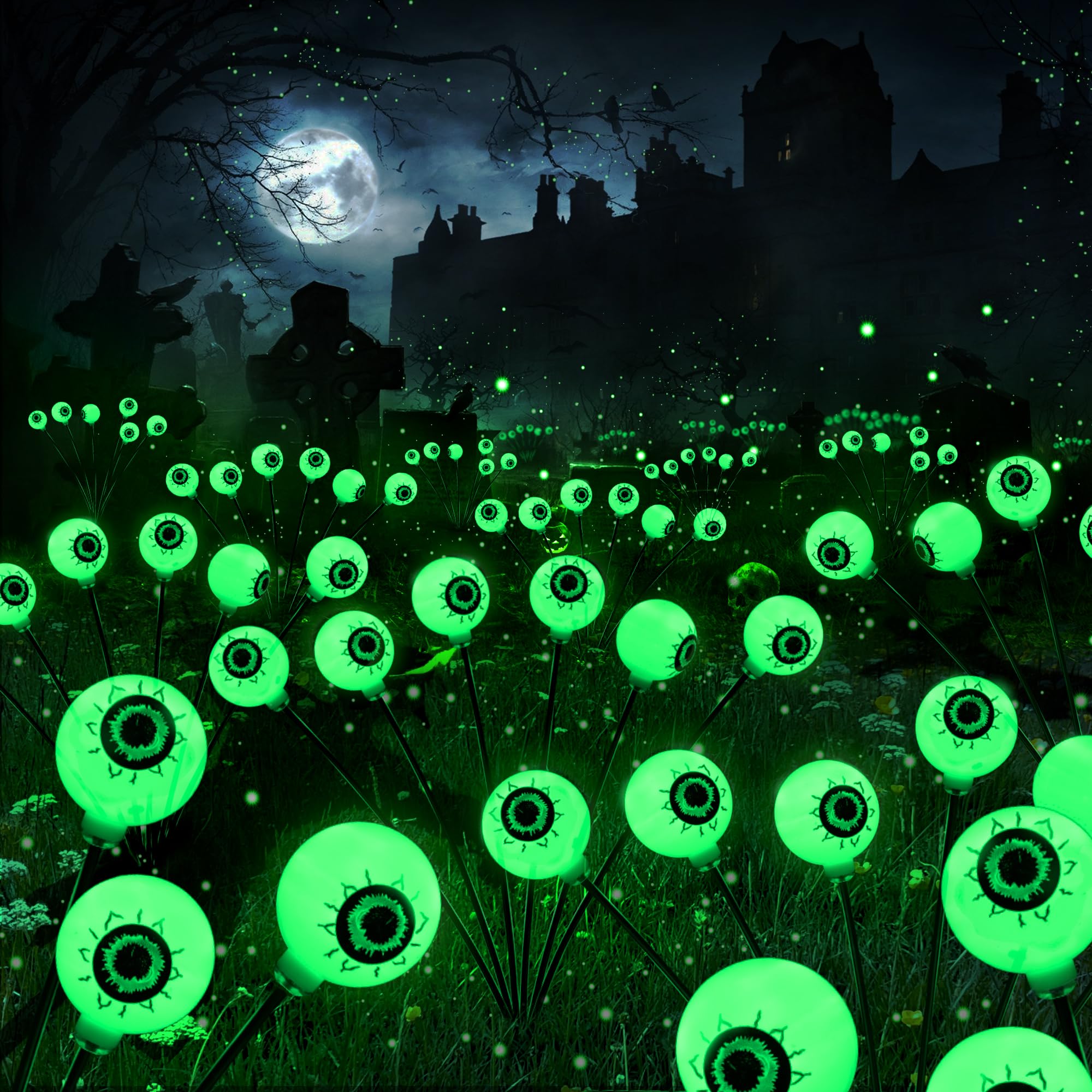 Brizlabs 4 Pack 24 Led Halloween Solar Lights  2 Modes Outdoor Halloween Eyeball Pathway Lights  Solar Spooky Walkway Light Waterproof  Green Swaying Firefly Lighting For Path Yard Garden Lawn