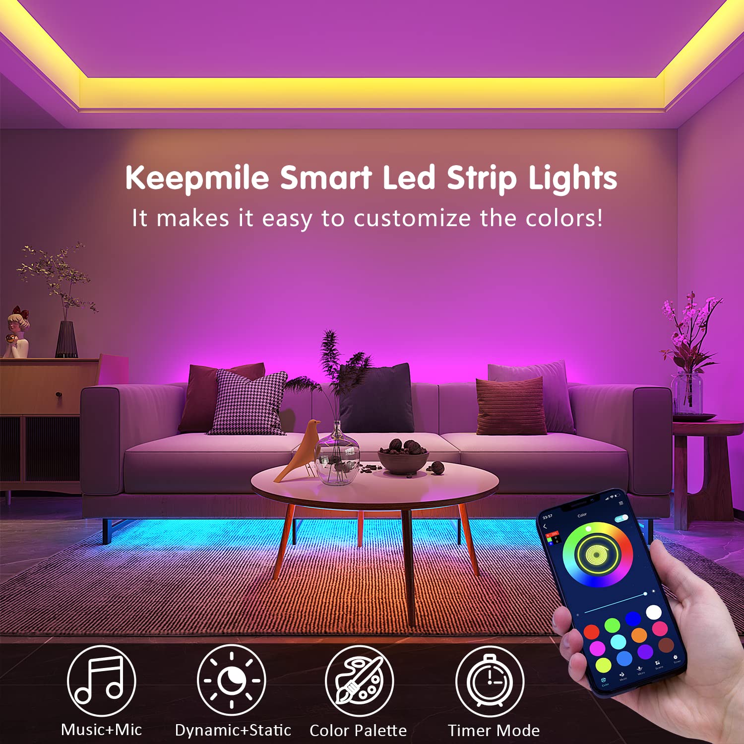 Keepsmile 130Ft Led Strip Lights (2 Rolls Of 65Ft) Bluetooth Smart App Control Rgb Led Light Strip With Remote,Music Sync Color