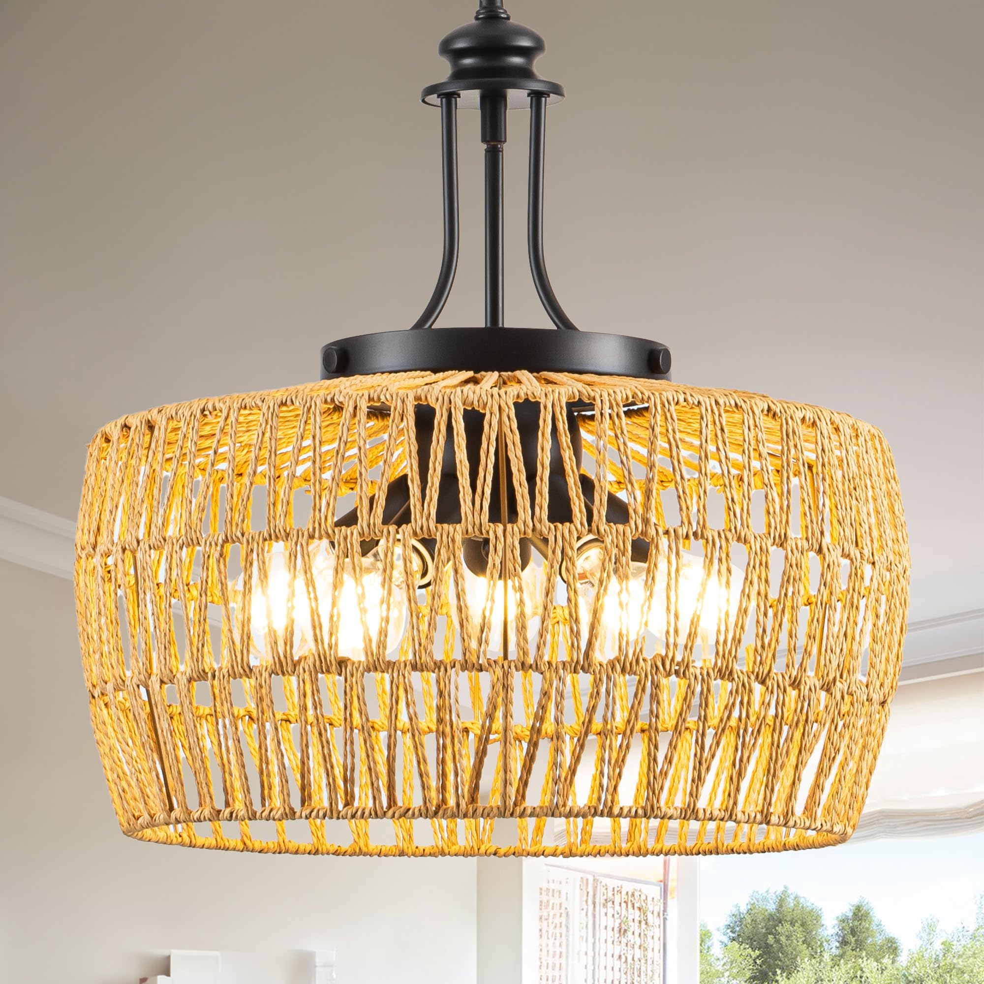 Leip 18.1'' Boho Rattan Chandelier - 5-Light Handwoven Farmhouse Pendant Light For Kitchen Island, Dining Room, Living Room - Ad