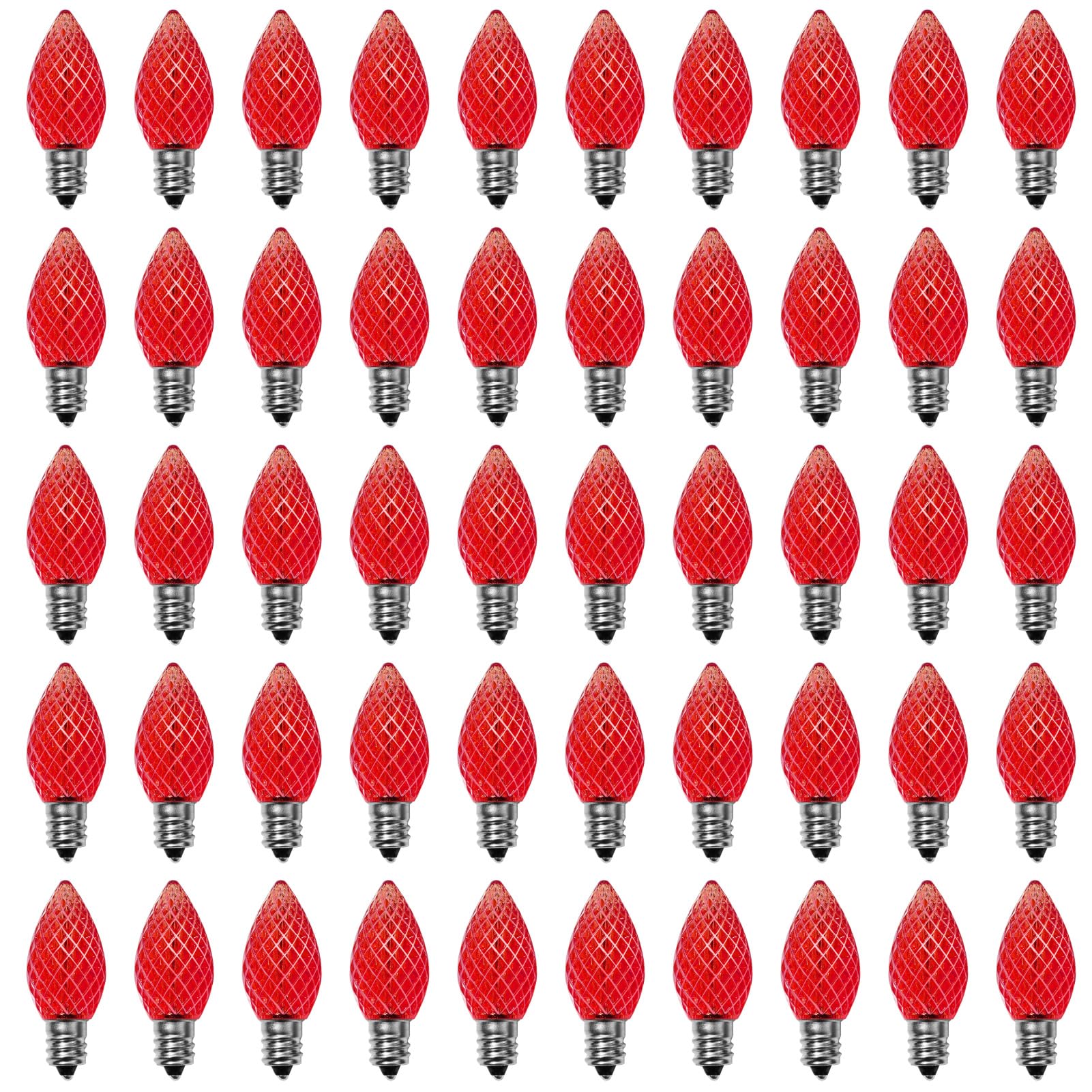 Meconard C7 LED Christmas Light Bulbs, Shatterproof, E12 Base, Red, 50 Count, Commercial Grade, Model MC7D06WRE50P