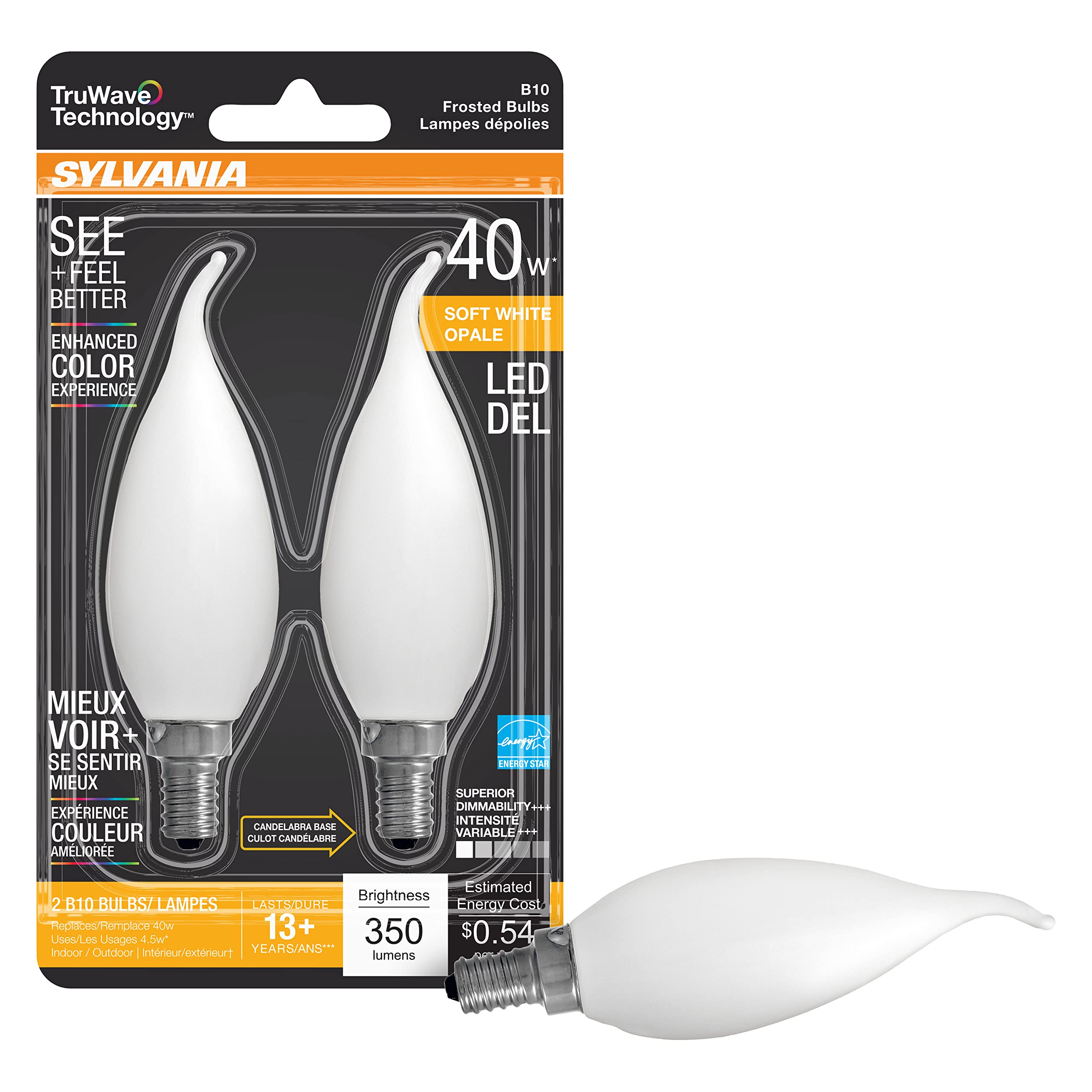 Sylvania Led Truwave Natural Series Candelabra Base Light Bulb, 40W Equivalent, Efficient 4.5W, Soft White, Dimmable, Frosted, C