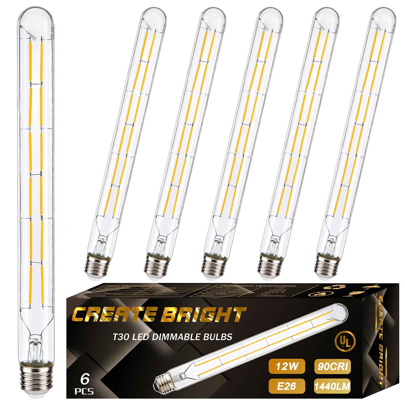 Create Bright T30 Led Edison Bulbs 12W E26 Dimmable Tubular Bulb 2700K Vintage Light Bulbs,120 Watt Equivalent,1440Lm,11.86 In,6