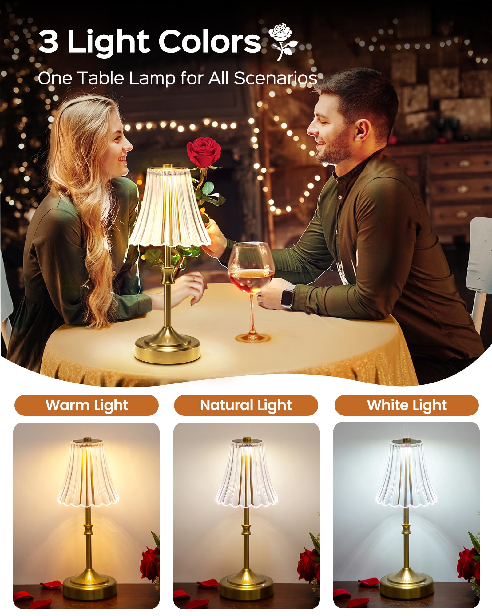 Jackyled Vintage Cordless Table Lamp, Acrylic Crystal Flower Lamp Shade, 3 Colors Dimmable Led Golden Lamp, 5400Mah Battery Oper