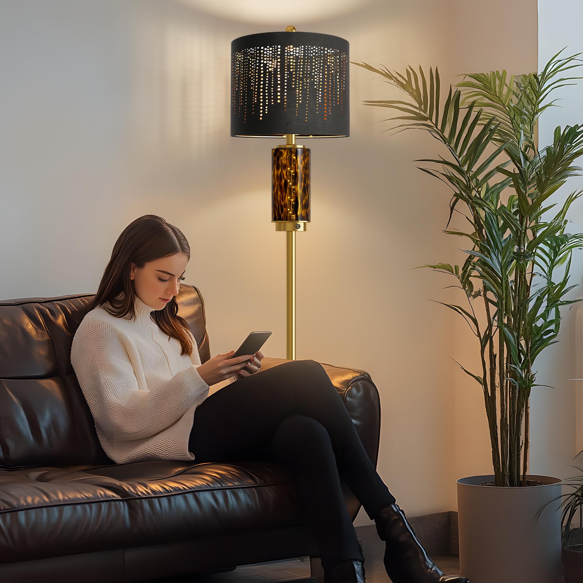Oneach 63.75'' Floor Lamp For Living Room, Modern Gold Lamp With Led Leopard Glass Night Light, Vintage Standing Lamp, Black Lam
