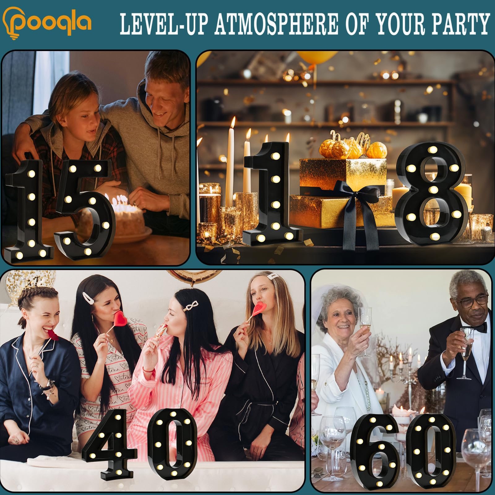 Pooqla Decorative Led Light Up Number Letters, Black Plastic Marquee Number Lights Sign For 60Th Birthday Party Wedding Decor Battery Operated Black Number 60, Ll-Blc-60
