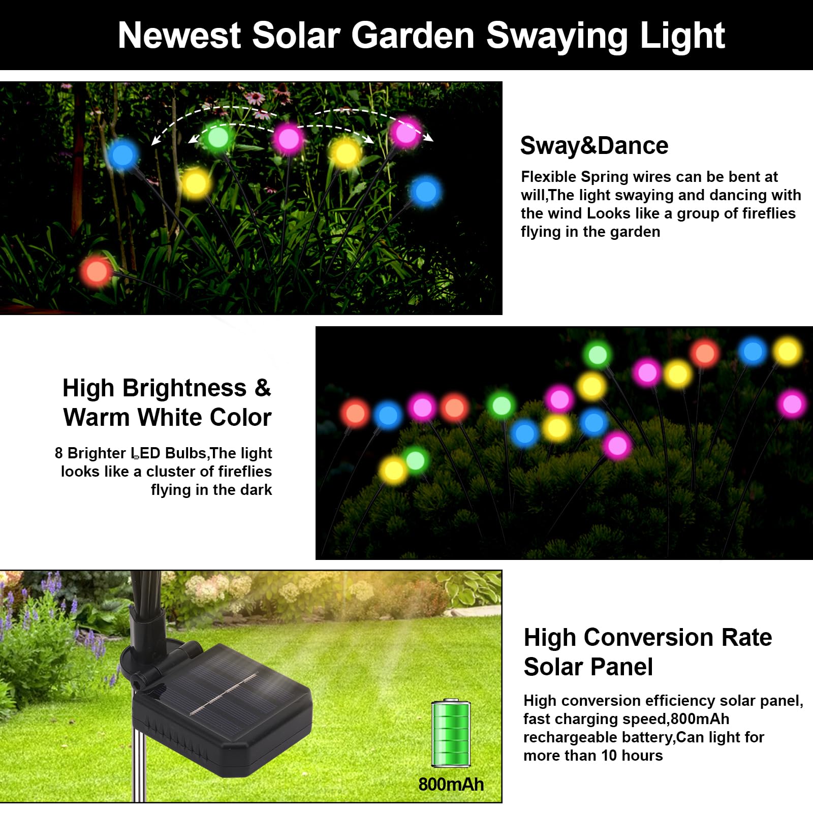 Galavasen Solar Firefly Lights Outdoor Waterproof, 8 Mode Rgb Color Changing Firefly Swaying Solar Lights For Outside Yard Patio