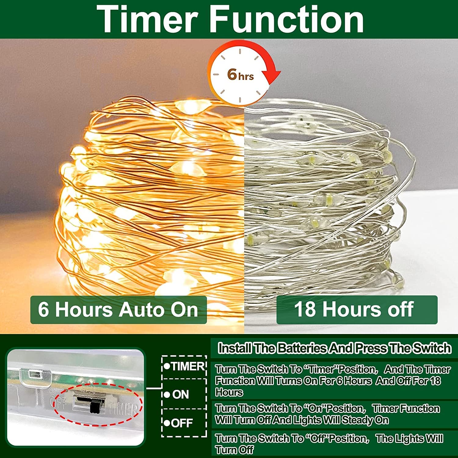 Turnmeon [ Timer ] 3 Set Fairy Lights, Total 60 Led, Warm White Battery Powered Copper Wire Fairy Lights, Decoration Outside Yard Party Home Bedroom Wedding Indoor Outdoor, 6.5 Ft 20 Led Each