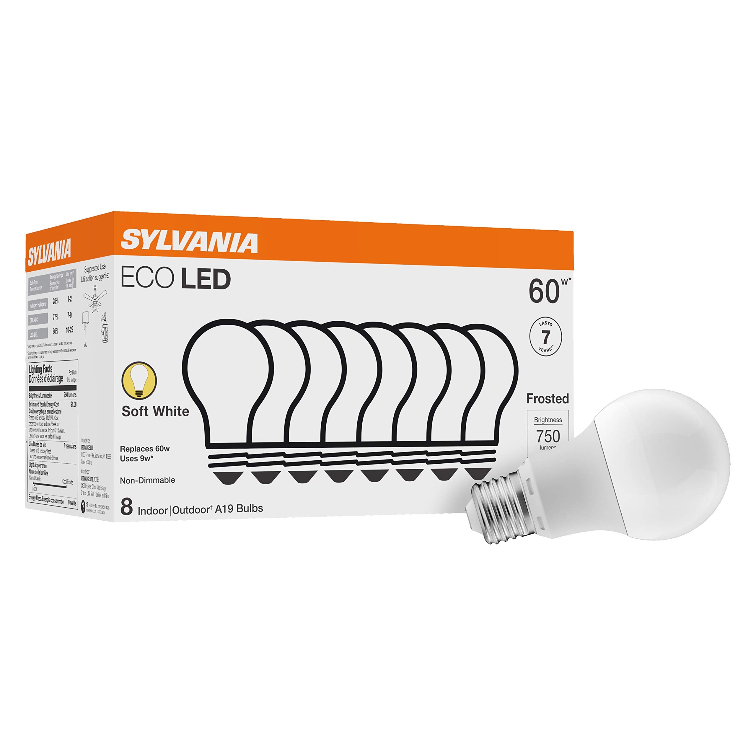 Sylvania Eco Led Light Bulb, A19 60W Equivalent, Efficient 9W, 7 Year, 750 Lumens, 2700K, Non-Dimmable, Frosted, Soft White - 8