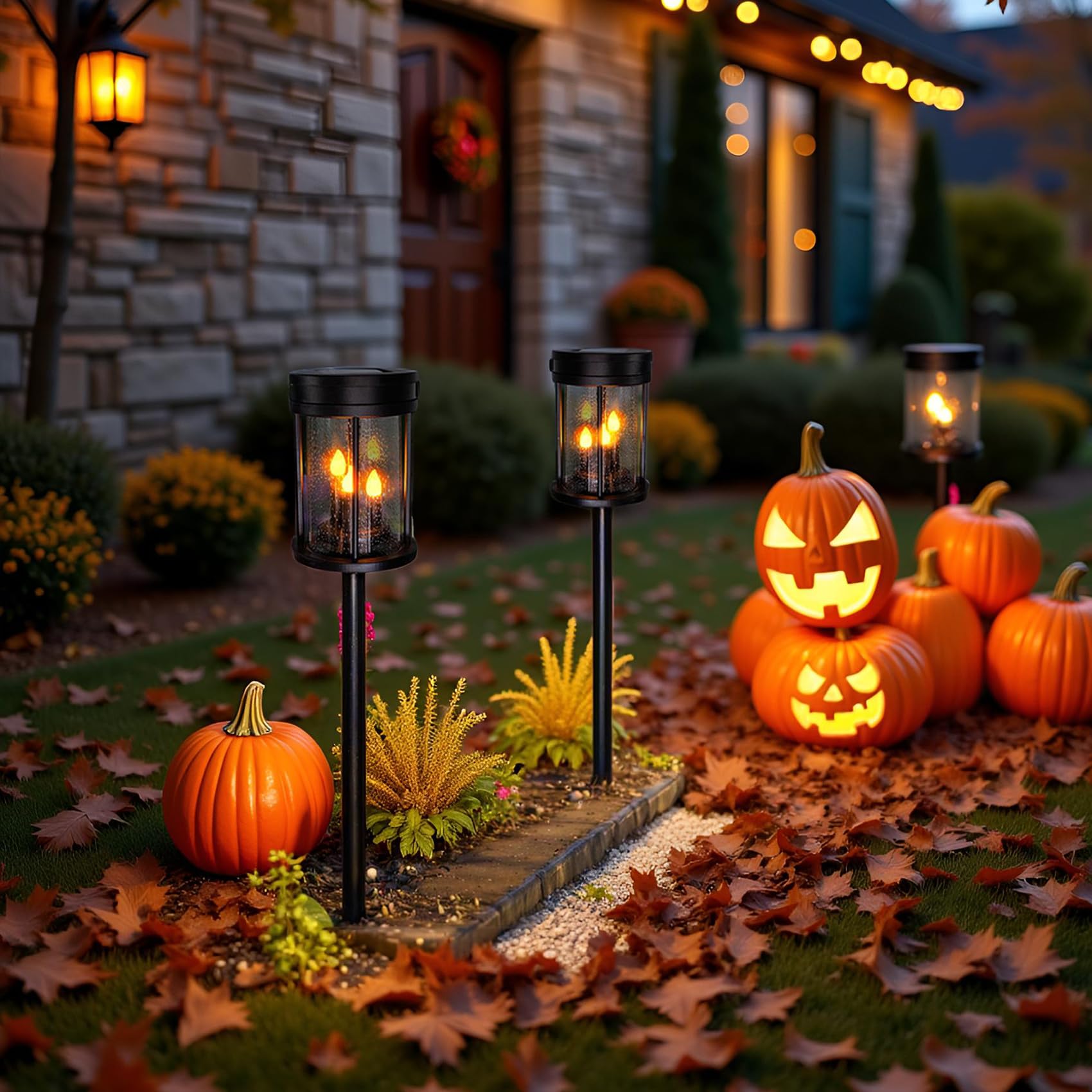 Outdoor Garden Solar Stake Lights Flickering Candle Lantern Lighting For Yard, Lawn, Patio, Pathway, Wall Decoration (2Pack, Bla