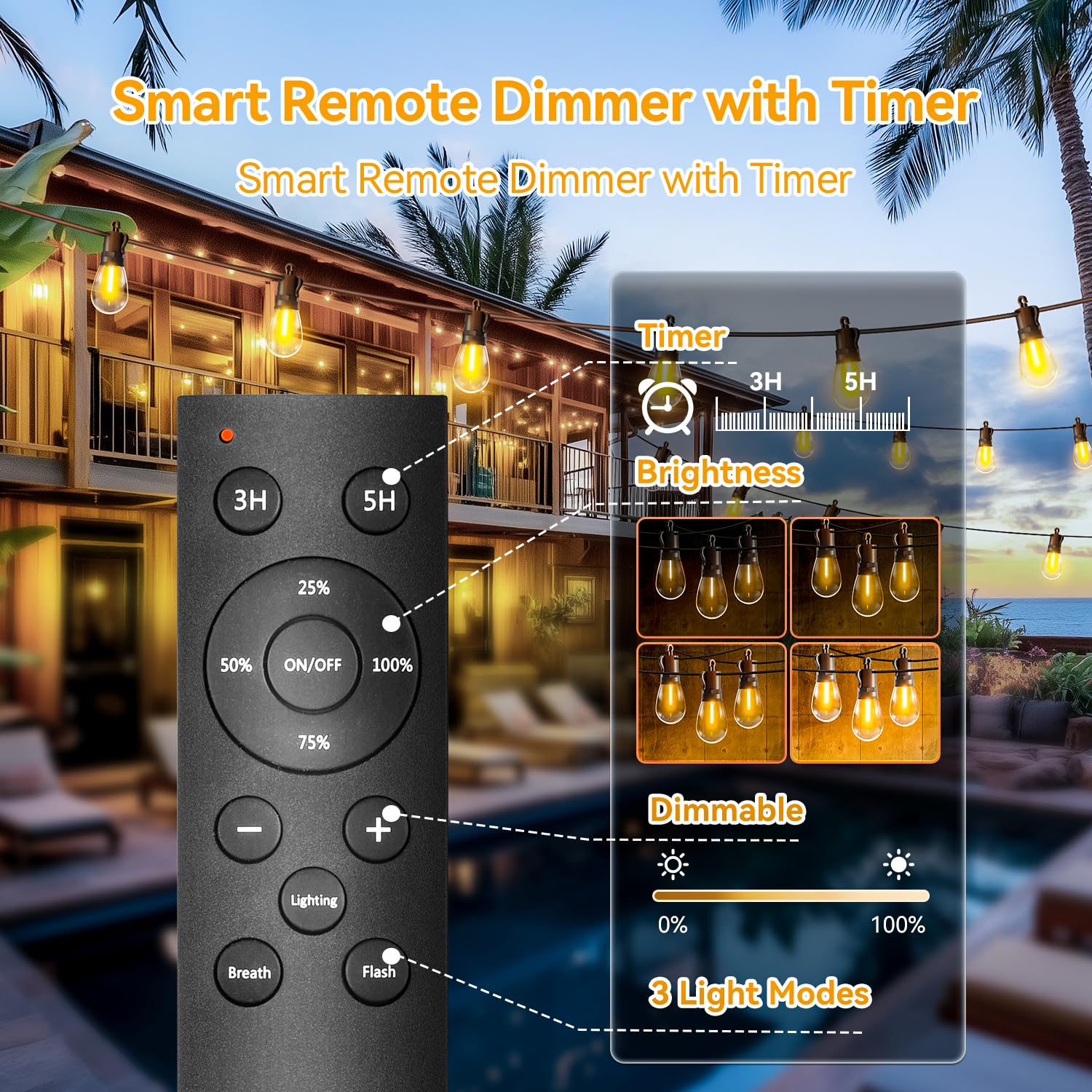 TBOSW Outdoor String Lights LED 20M/65ft with Remote Control, IP65 Waterproof, Model CMC-O18XA