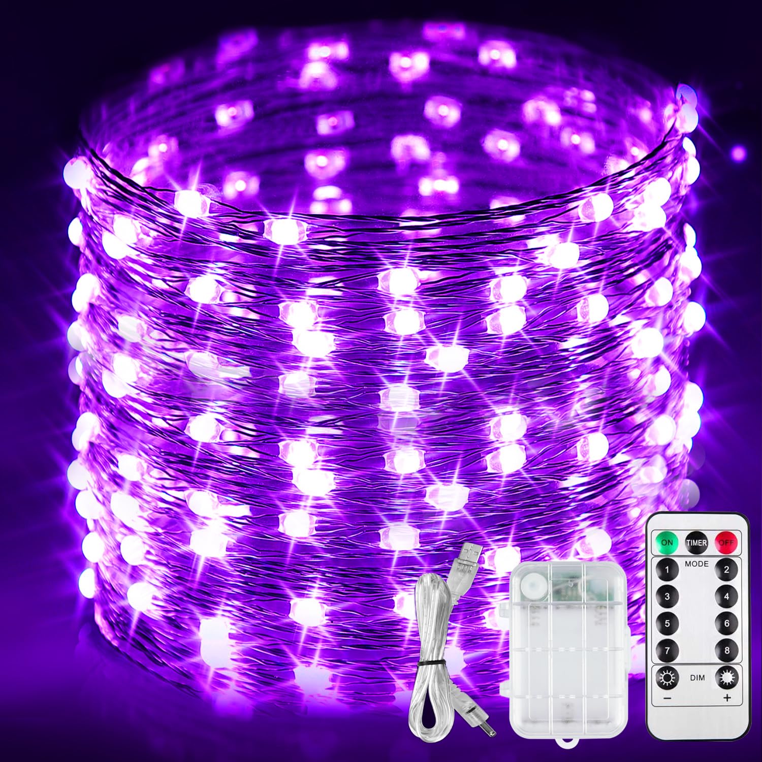 Omika 33Ft Battery Operated Led Uv Black Lights - 100 Units 2835 Beads, Remote Control, Purple, Flexible Fairy String Lights, Model Bg-Uv-Bo-2