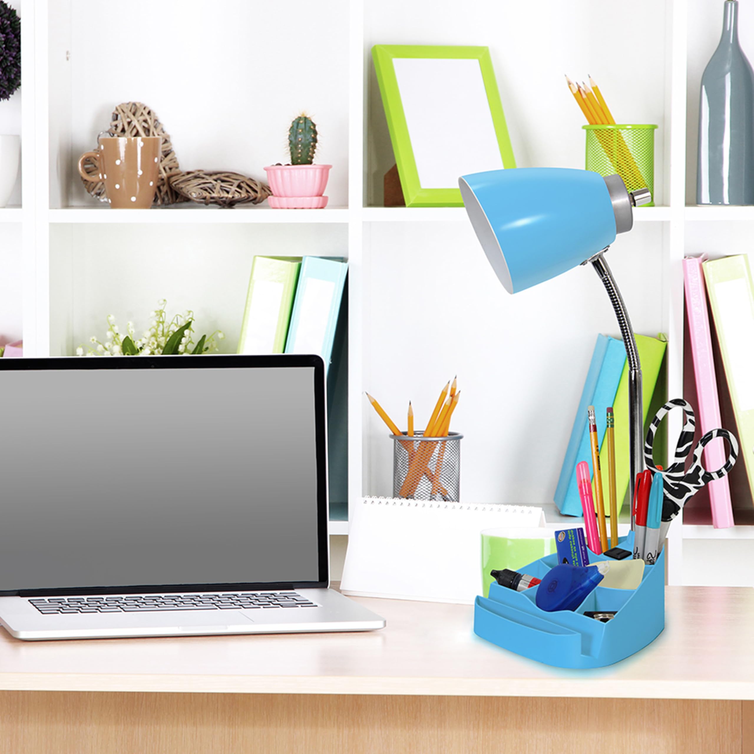 Simple Designs Gooseneck Desk Lamp with iPad Stand, Charging Outlet, Blue, Model LD1094-BLU