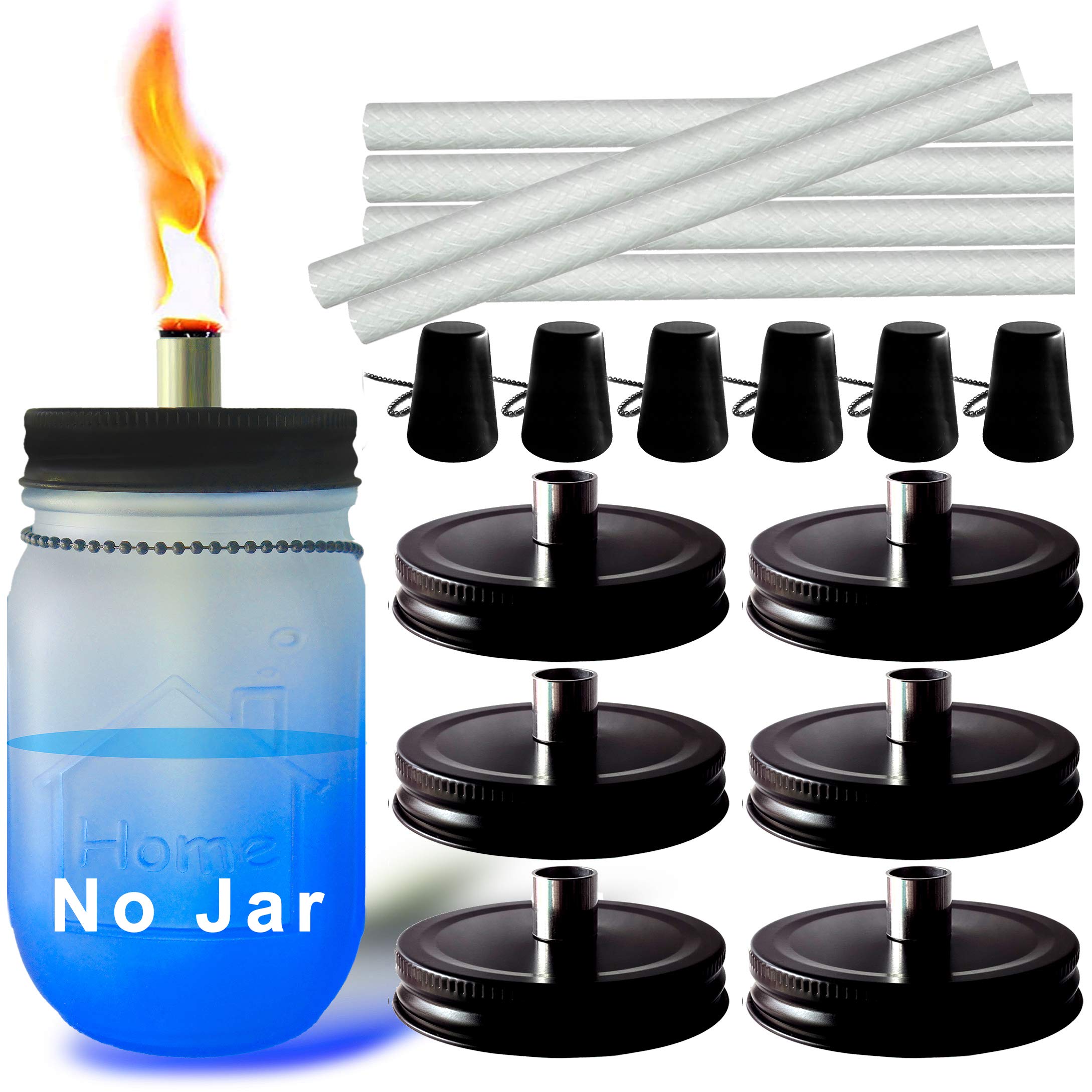 Mason Jar Tabletop Torches Kits,6 Pack Regular Mouth Lids with Protective Tube,Long Life Fiberglass Wicks and Caps,Outdoor Oil L
