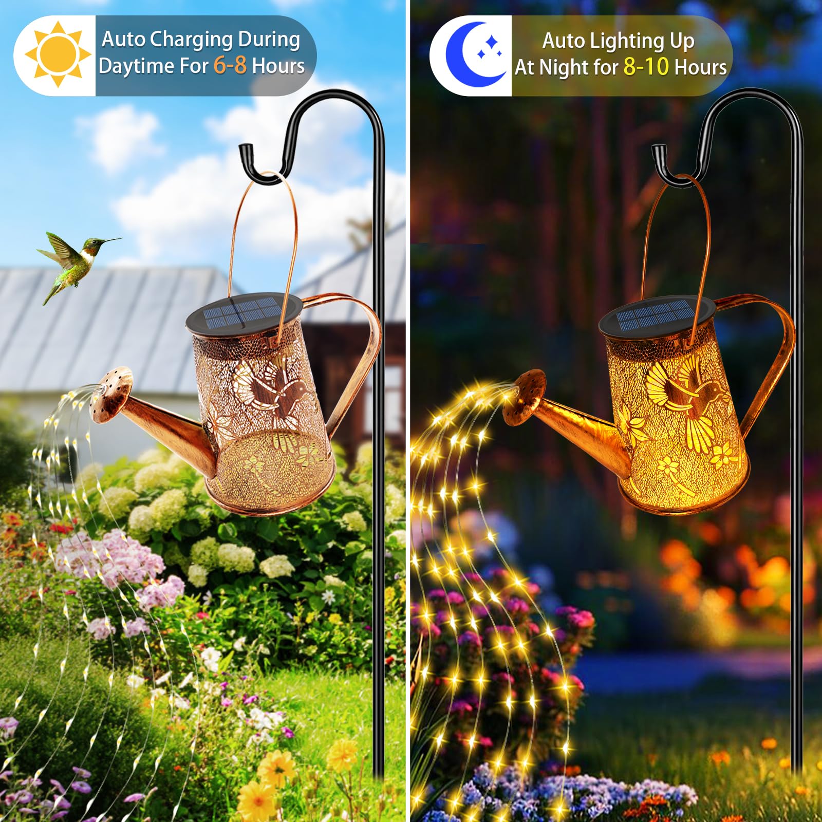 Vcdsoy Solar Watering Can Lights - Hummingbird Outdoor Garden Lantern, Waterproof, Warm White, Model TYSHD-25-FN-1-NB