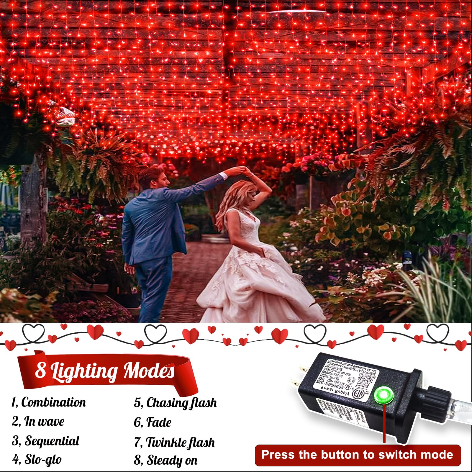 33Ft Red Christmas Lights Outdoor, 400 Led Icicle Lights For Outside, Plug In Twinkle Lights Indoor With 8 Modes Timer Waterproo