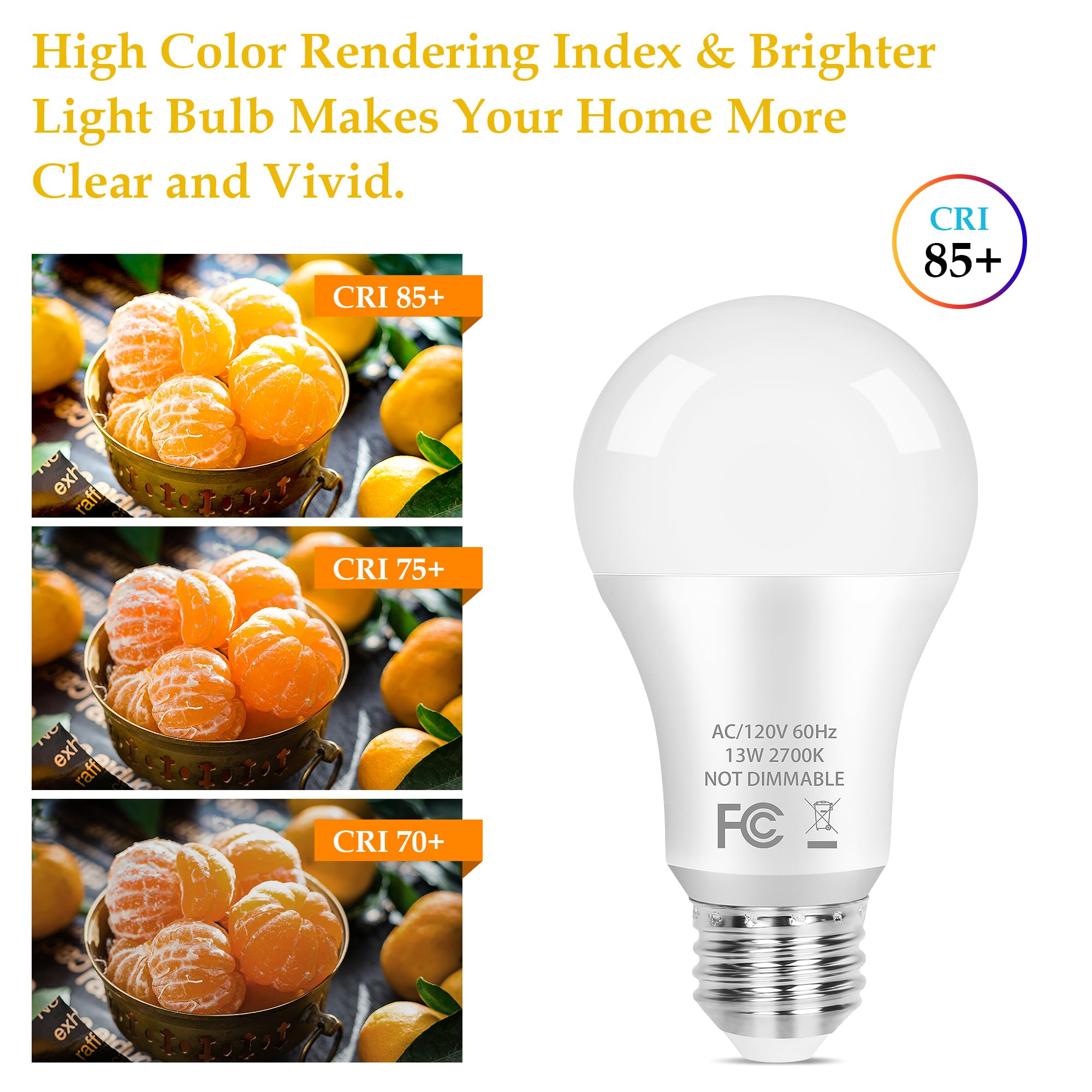 Partphoner A19 Led Light Bulb, 100 Watt Equivalent Led Bulbs, 13W Warm White 2700K, 1500Lm, E26 Standard Base Non-Dimmable White