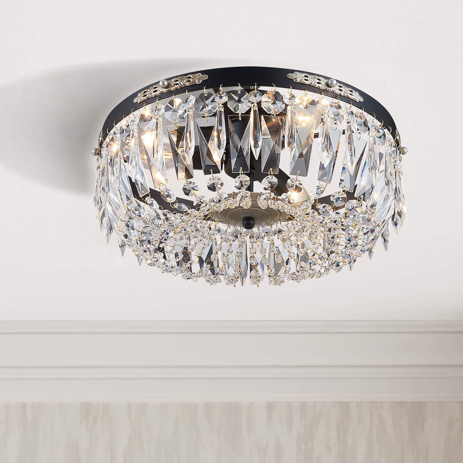 Bestier Black Crystal Semi Flushmount Chandelier Lighting, Metal, Ceiling D14in x H8in, 4 E12 Bulbs Required