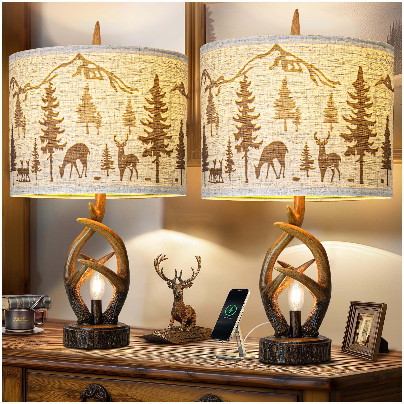 Farmhouse Deer Antler Table Lamp Set Of 2 For Living Room With Usb Ports, Rustic Bedside Lamp With Nightlight For Bedroom, Linen Fabric Shade Vintage Nightstand Lamps For Hotel Bar Country House