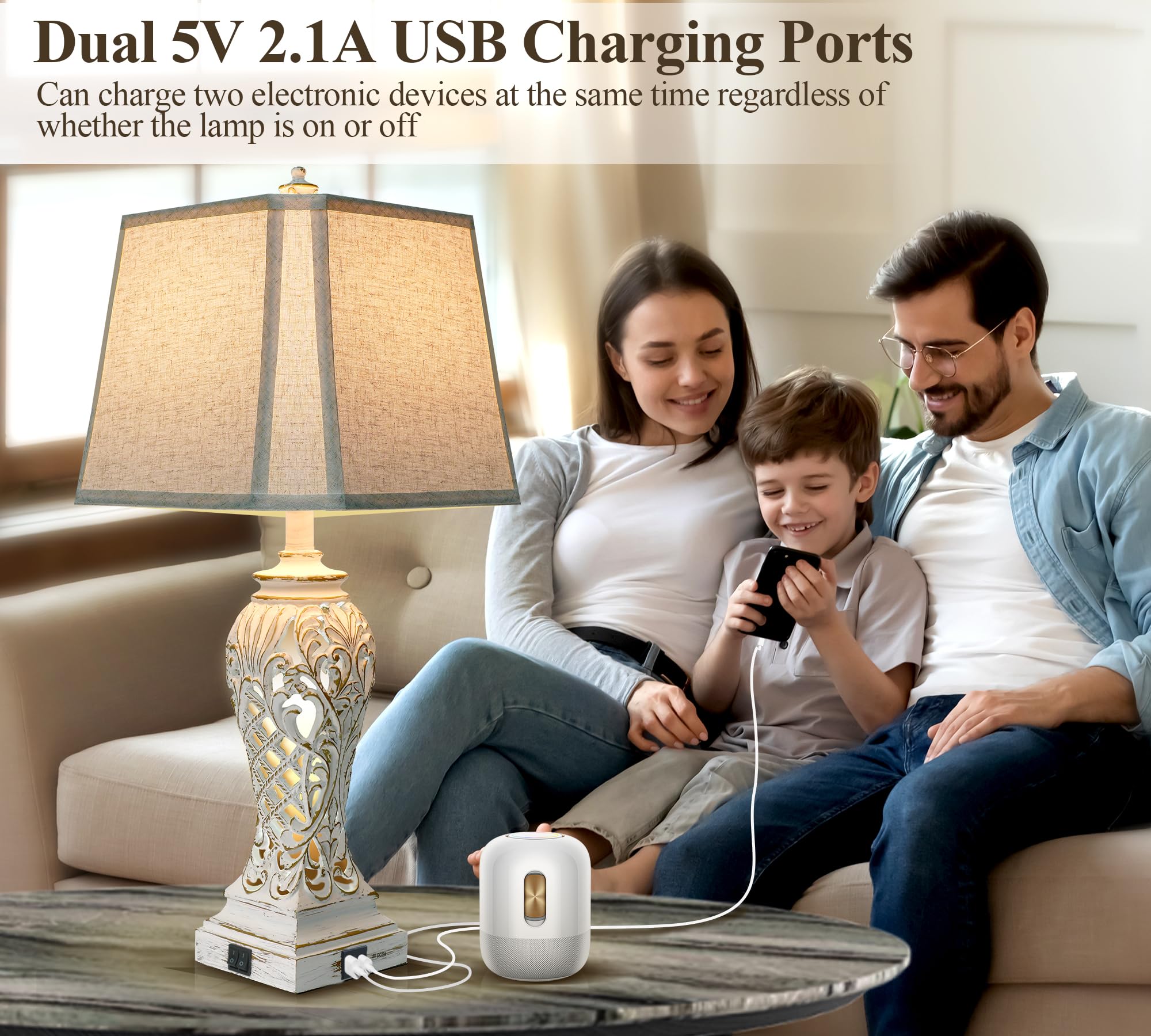 Ikopyal Table Lamps For Bedroom Living Room, Bedside Lamp With Fabric Shades, 29'' Tall Coastal Nautical Lamp With Usb And Night