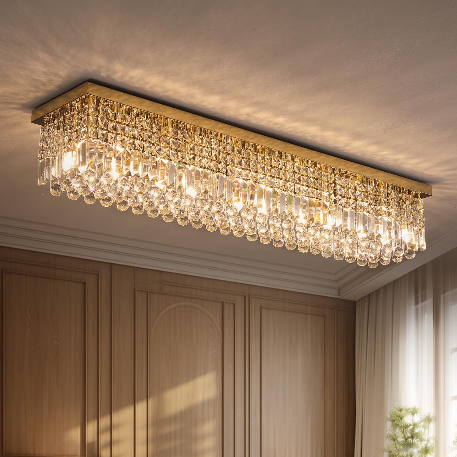 7PM Rectangular Chandelier, Modern Dining Room Light Fixture with Raindrop Chandelier Crystals, 10 Lights Flush Mount Rectangle 