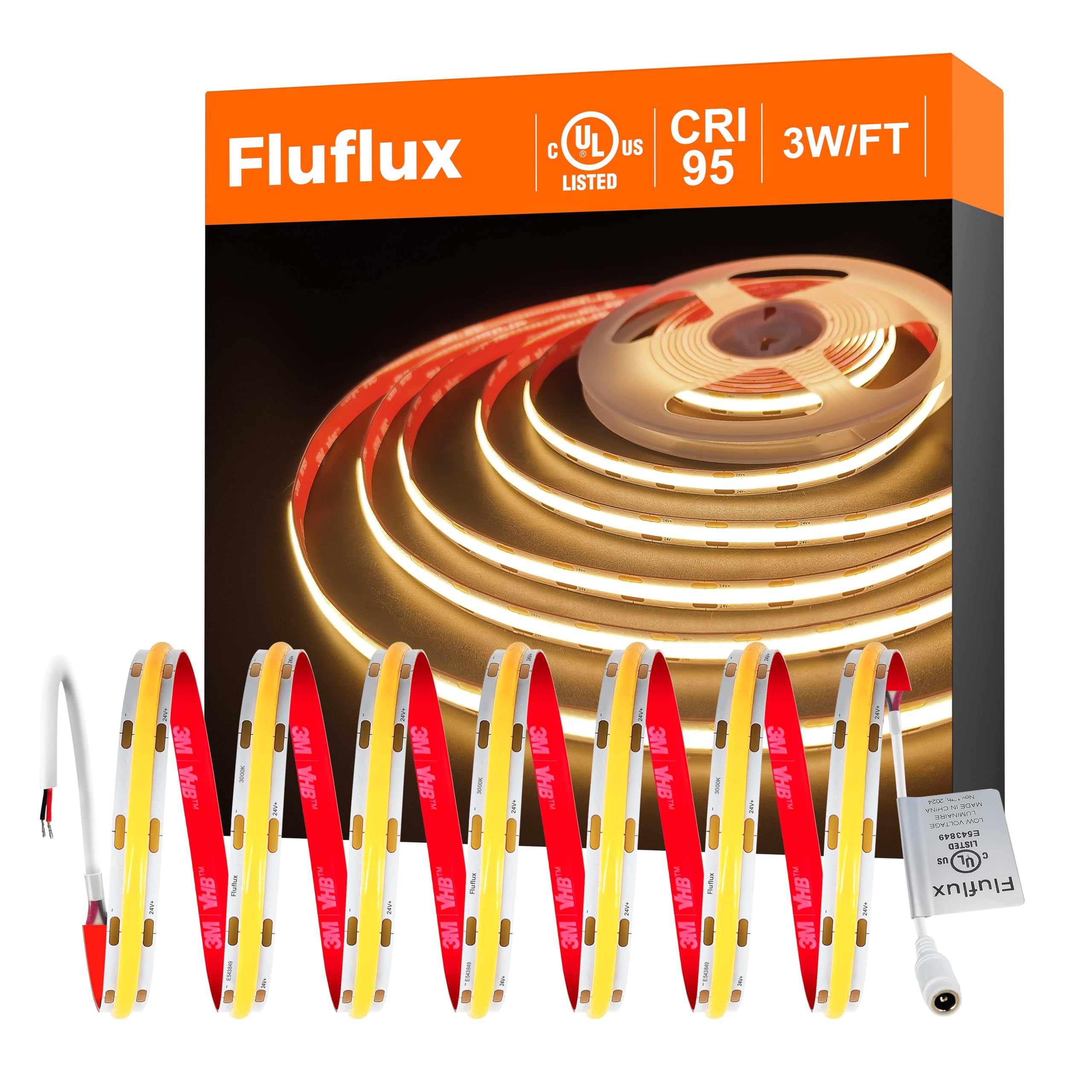 FluFlux COB LED Strip Lights 24V, Warm White 3000K, 16.4 FT, Dimmable, UL Listed, Model FL-01-24V-11-