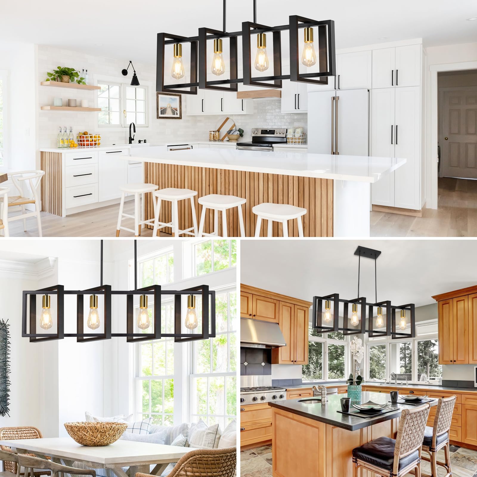 Brightever 4-Light Wood Chandelier, Modern Black Gold Pendant Light Fixture, 53? for Dining Room, E26 Sockets