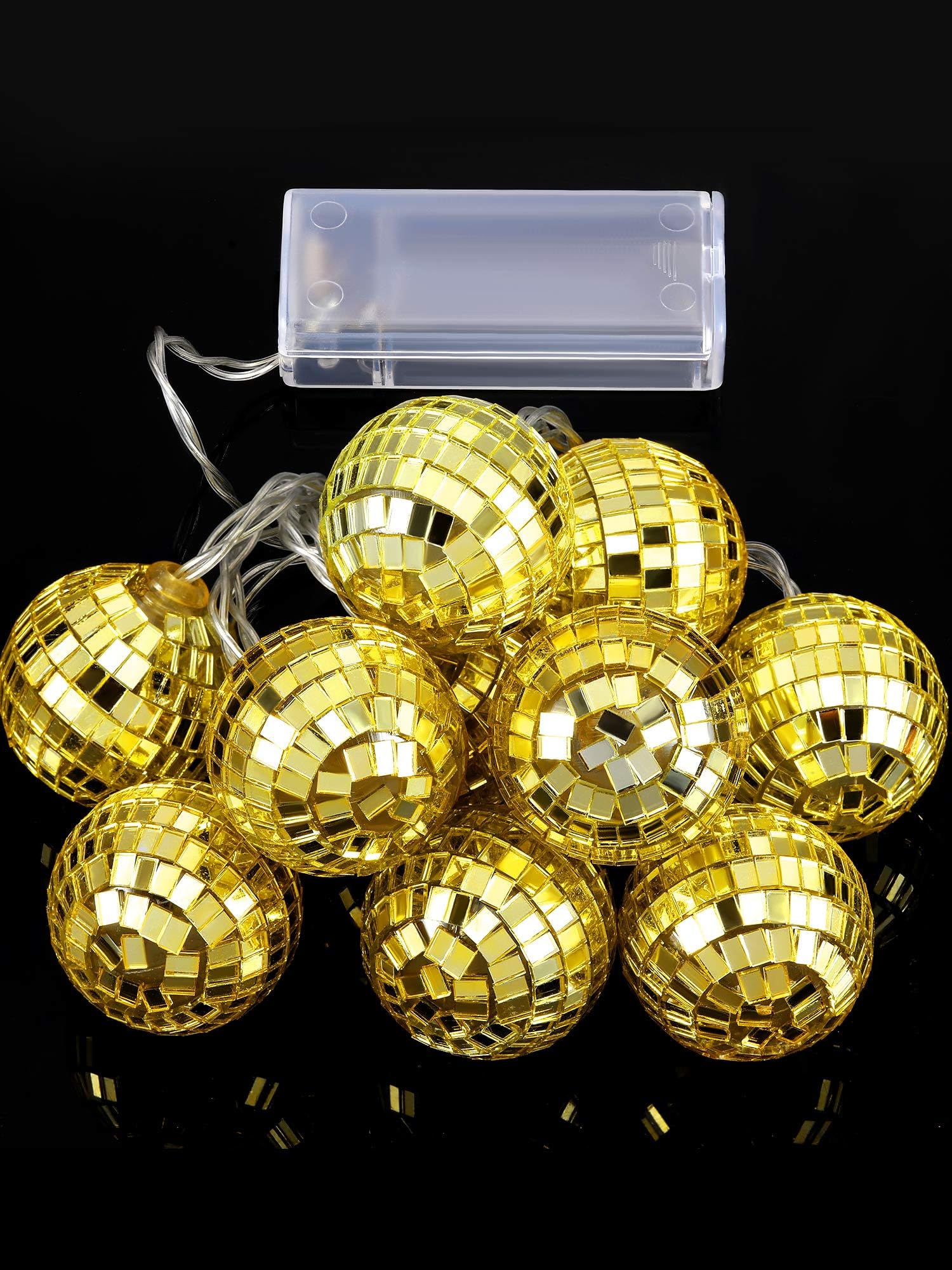 Bbto 10 Pcs Led Disco Ball String Light Battery Powered Mirror Ball Ornaments 70S 80S 90S Disco Party Supplies(Gold,1.57 Inch)