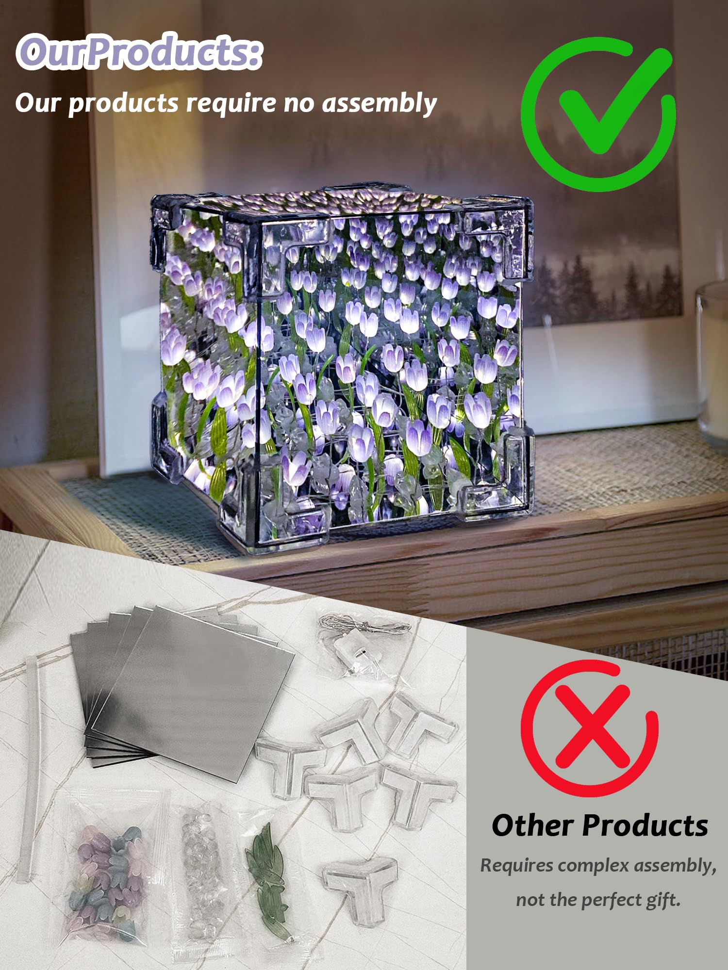 AQDZCNF DIY Tulips Night Light - Handmade Glass Lamp, Purple, Includes 13 LR44 Batteries, Ideal for Bedroom Decor and Gifts