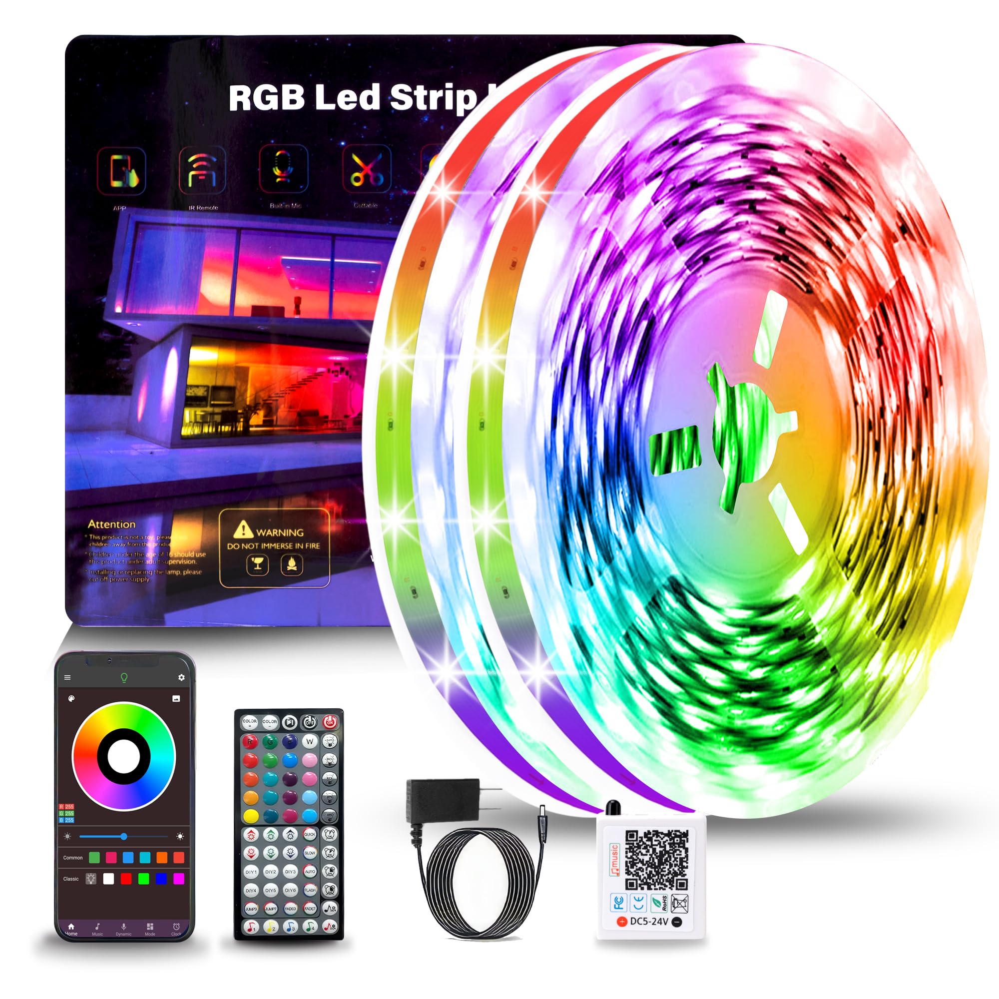 NBBUFF Led Lights for Bedroom 200FT(2 Rolls of 100ft), Music Sync Led Strip Lights with 60 Keys Remote and App Control, Color Ch