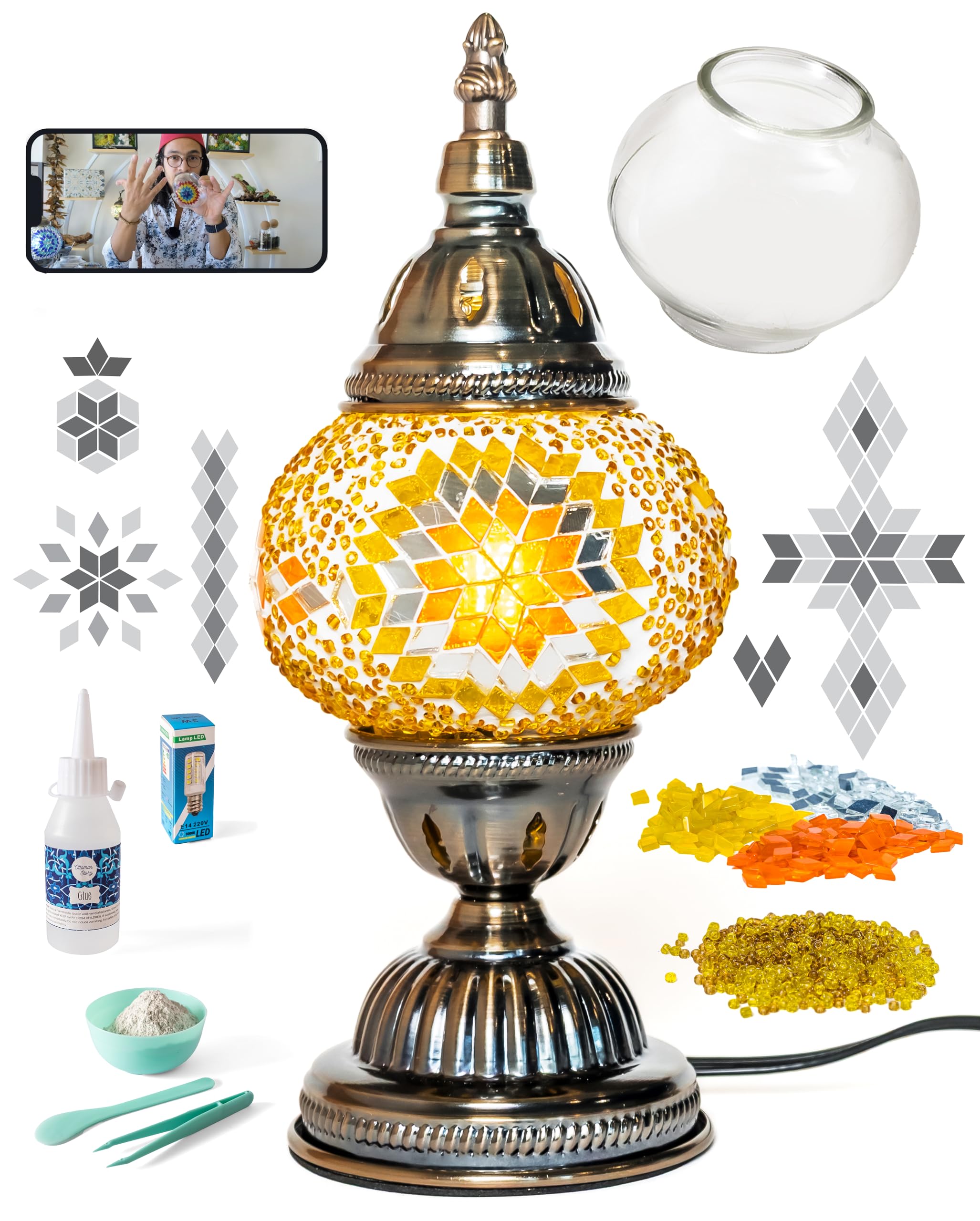 KRAFTSTORIES Turkish Mosaic Lamp Kit DIY Glass Table Lamp Antique Bronze Base Amber Sultan