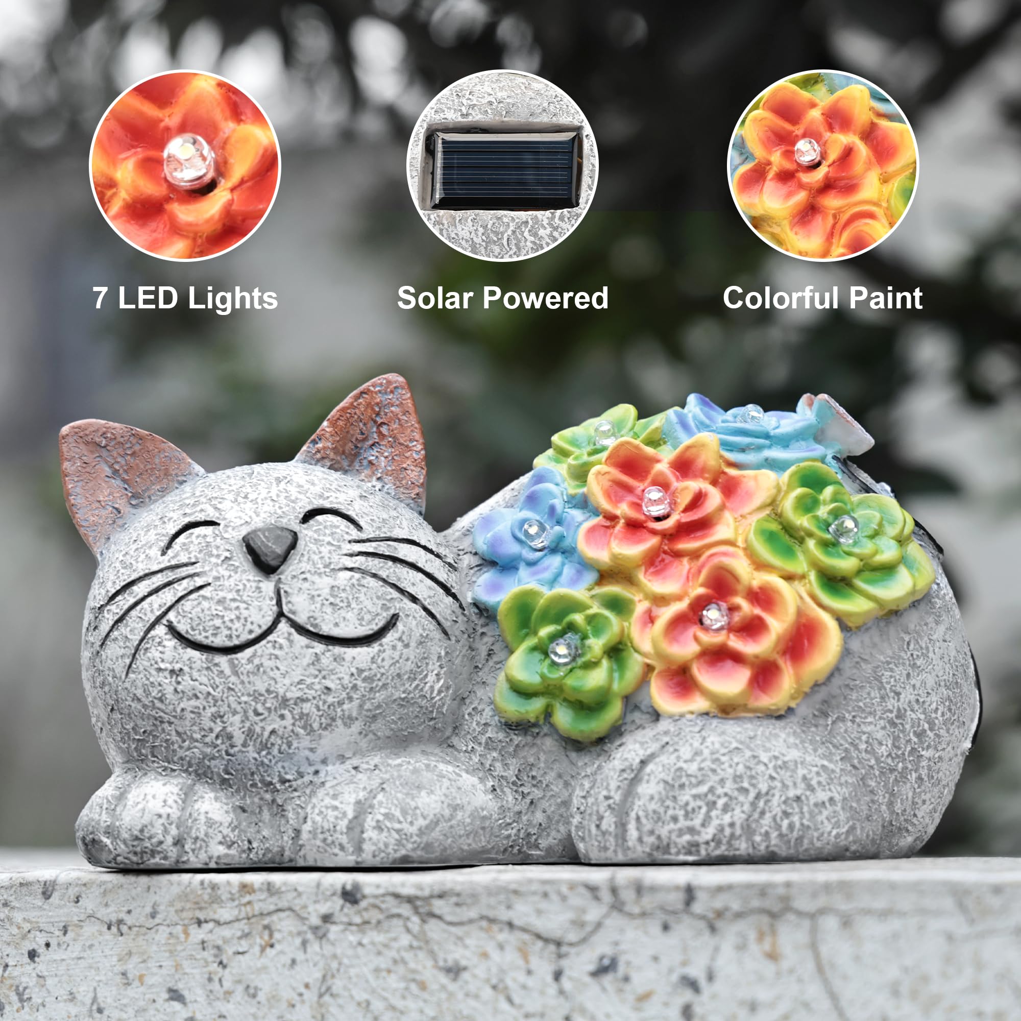 Otdair Solar Garden Decor Cat with Succulent, 7 LED Lights, 6.8inx4.3inx4.1in, Gray, Model XMD-Flo, Outdoor Gift for Cat