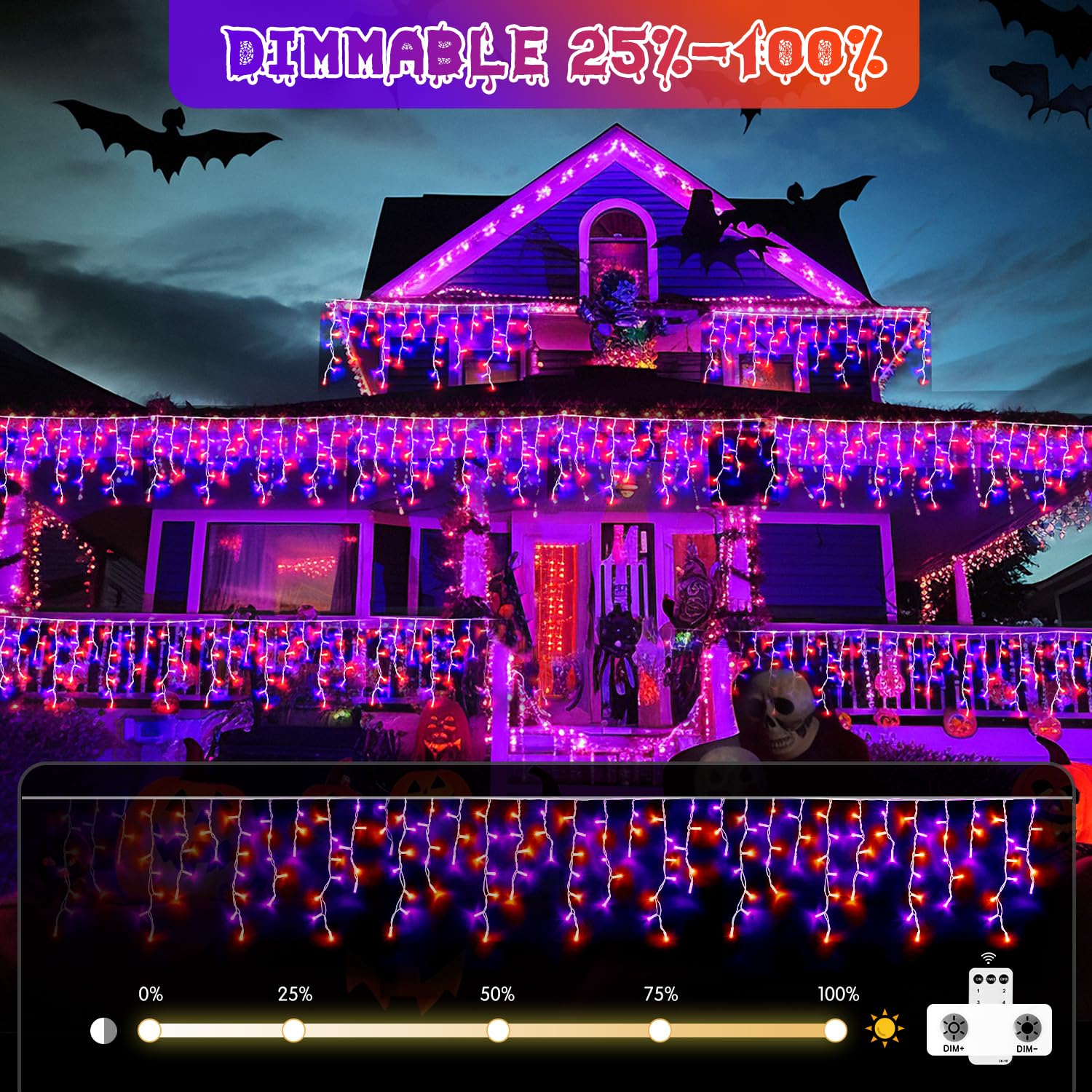 JMEXSUSS 400 LED Icicle Lights, 8 Modes, Waterproof, 38.8FT, Orange and Purple, Model EXS-I-0400
