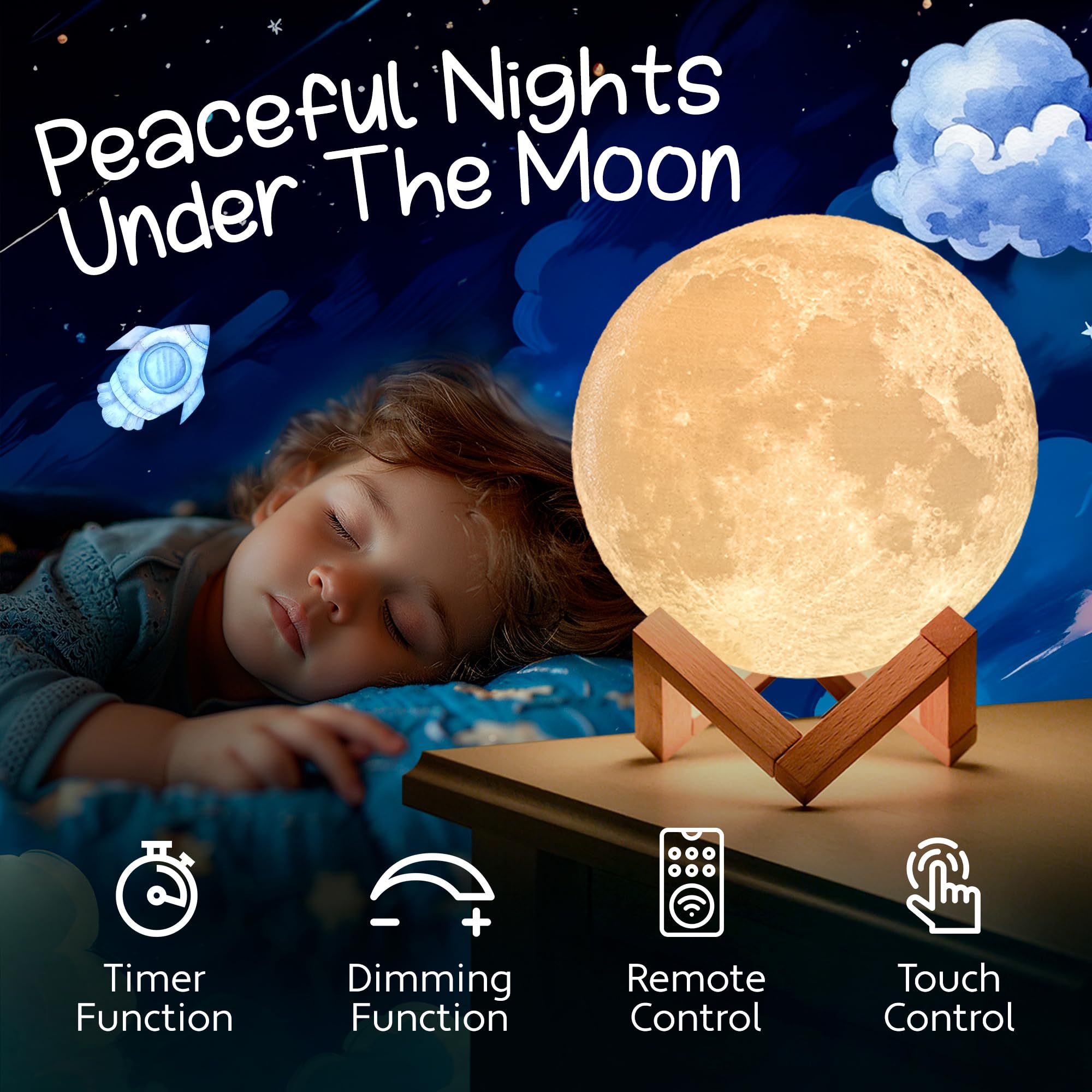 Mind-Glowing 3D Moon Lamp - Multi Color LED Night Light, 5.9 Inch, Honey Brown Stand, Touch/Remote Control - Ideal Gift for Kids 4-10 Years
