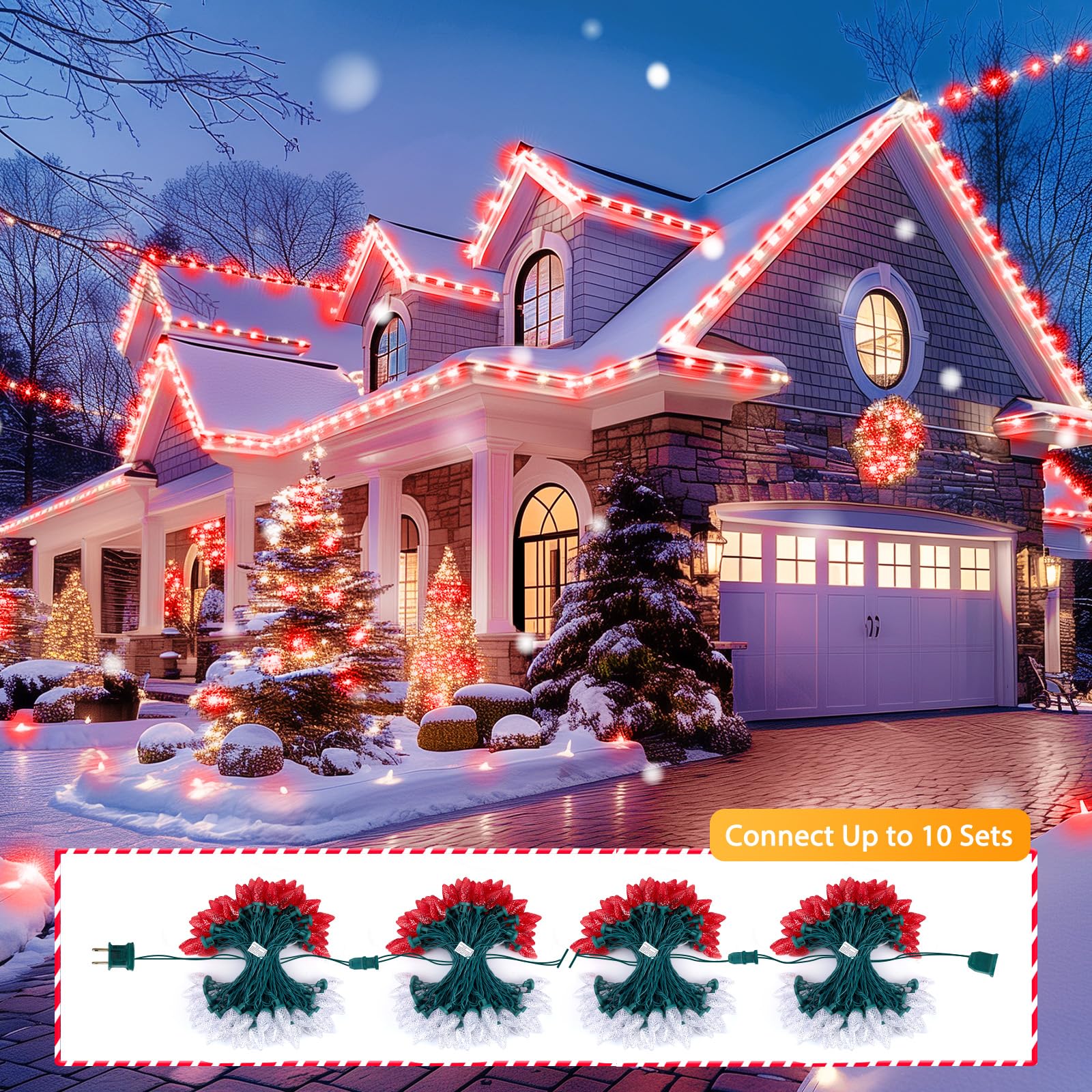 Brightown C9 LED Christmas String Lights, 132ft, 200 LEDs, Waterproof, Red and White, Connectable for Outdoor Holiday Decor