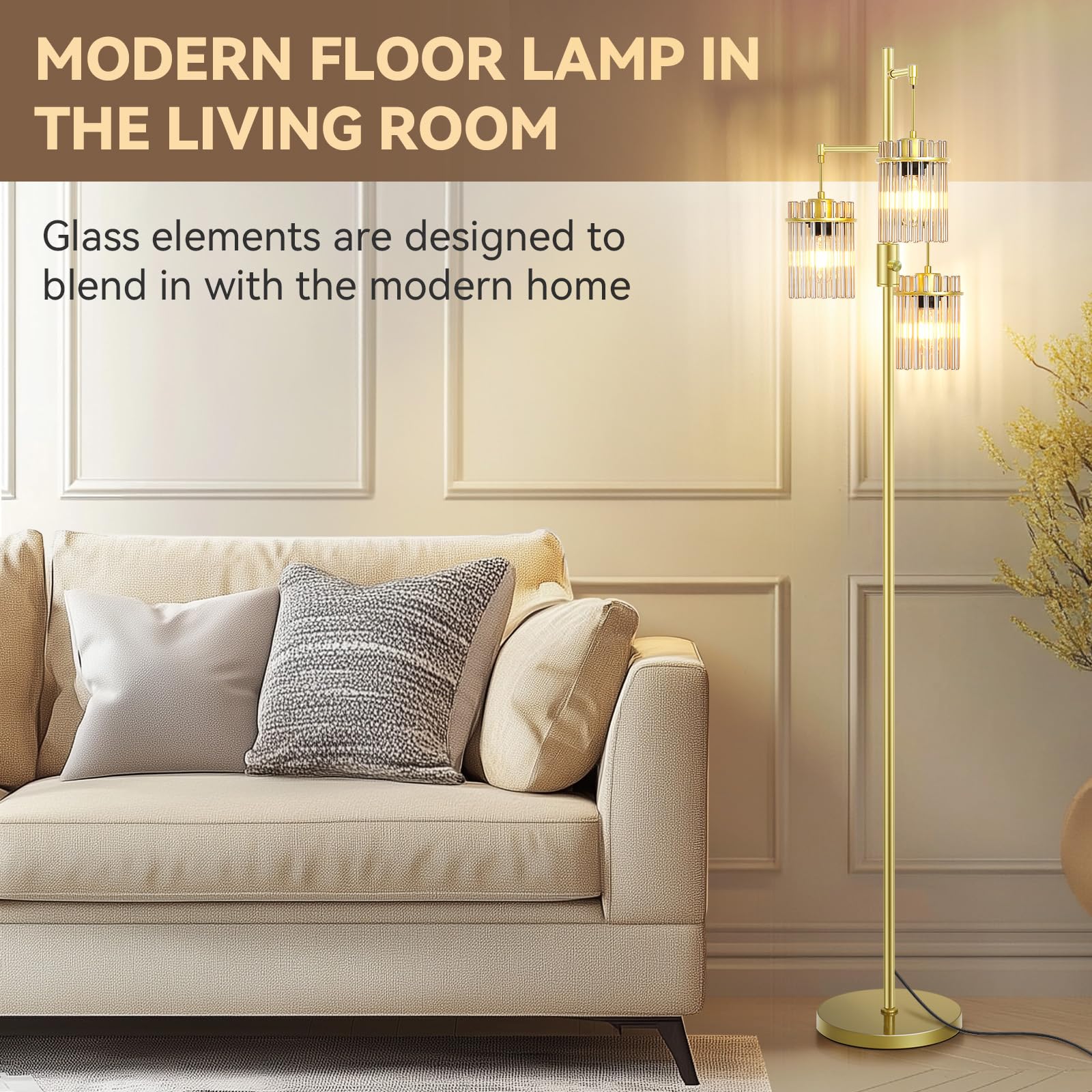 VOUTOORO Dimmable Glass Floor Lamp - 65" Tall, Black, Teardrop Cage Head, 800 Lumens LED, Model FL230501-001